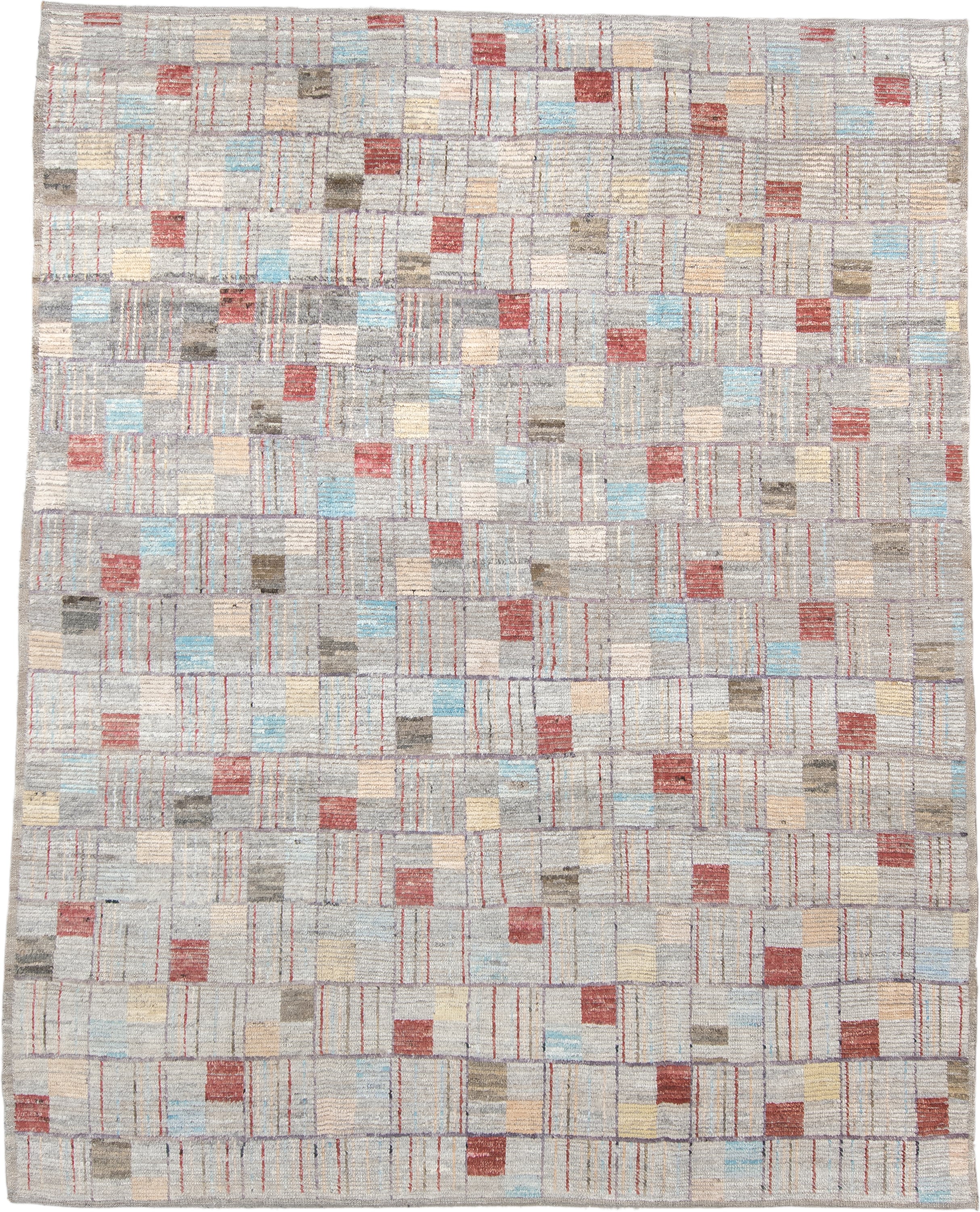 8' x 10' one-of-a-kind handmade vintage Tulu large size rug. Color palette: gray, ivory, faded red, pale blue, beige, taupe