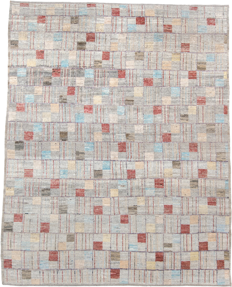 8' x 10' one-of-a-kind handmade vintage Tulu large size rug. Color palette: gray, ivory, faded red, pale blue, beige, taupe