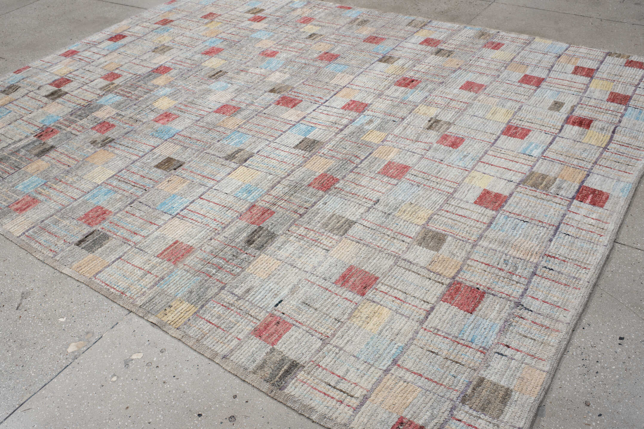 8' x 10' one-of-a-kind handmade vintage Tulu large size rug. Color palette: gray, ivory, faded red, pale blue, beige, taupe