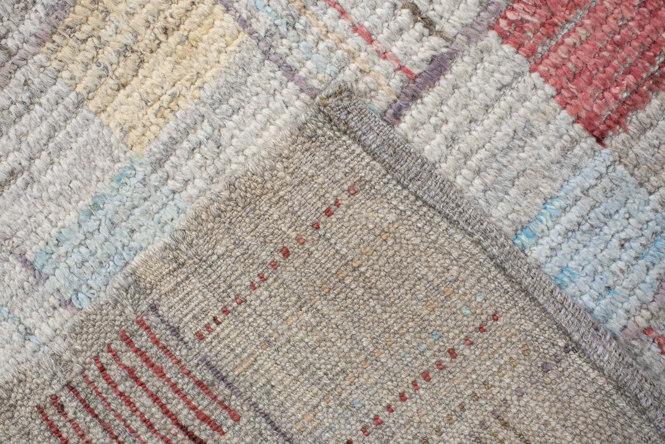 8' x 10' one-of-a-kind handmade vintage Tulu large size rug. Color palette: gray, ivory, faded red, pale blue, beige, taupe