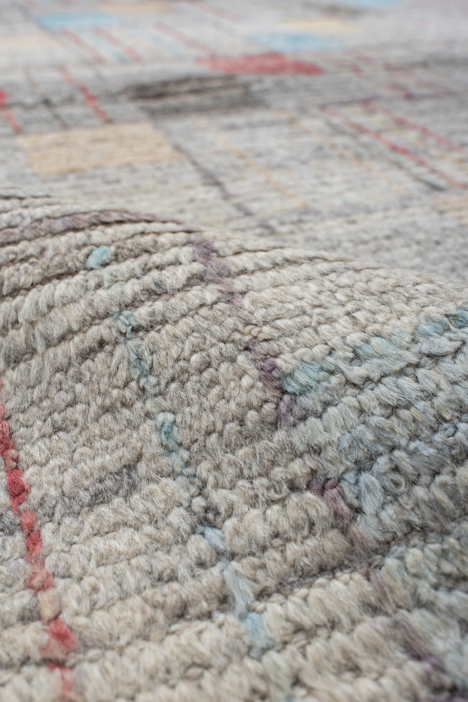 8' x 10' one-of-a-kind handmade vintage Tulu large size rug. Color palette: gray, ivory, faded red, pale blue, beige, taupe