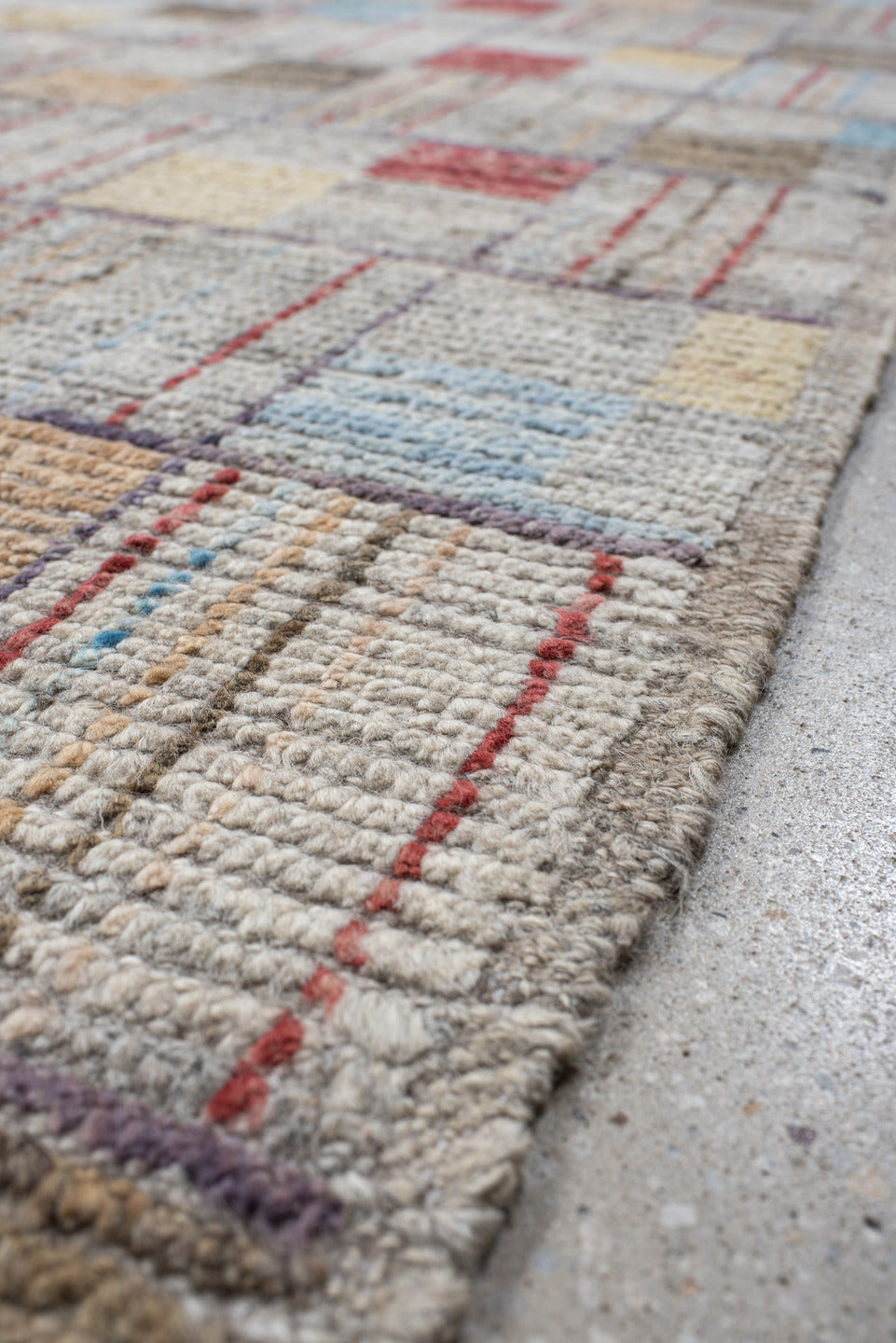 8' x 10' one-of-a-kind handmade vintage Tulu large size rug. Color palette: gray, ivory, faded red, pale blue, beige, taupe