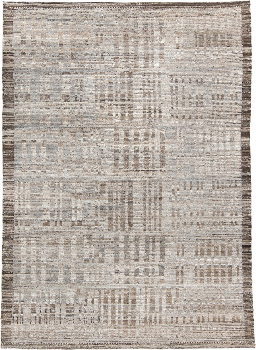 6' x 9' one-of-a-kind handmade vintage Tulu medium size rug. Color palette: ivory, taupe, beige, brown, gray, cream