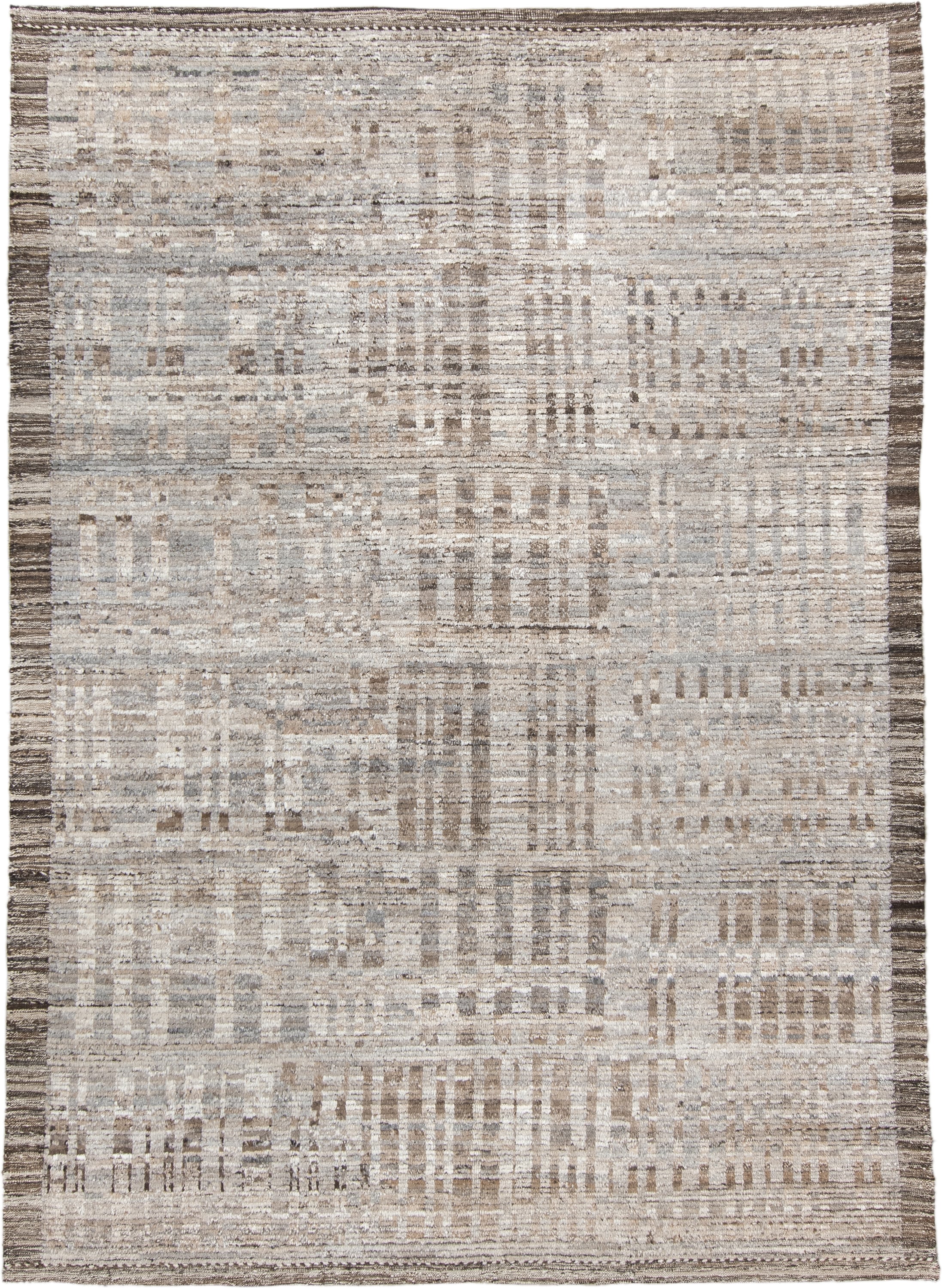 6' x 9' one-of-a-kind handmade vintage Tulu medium size rug. Color palette: ivory, taupe, beige, brown, gray, cream