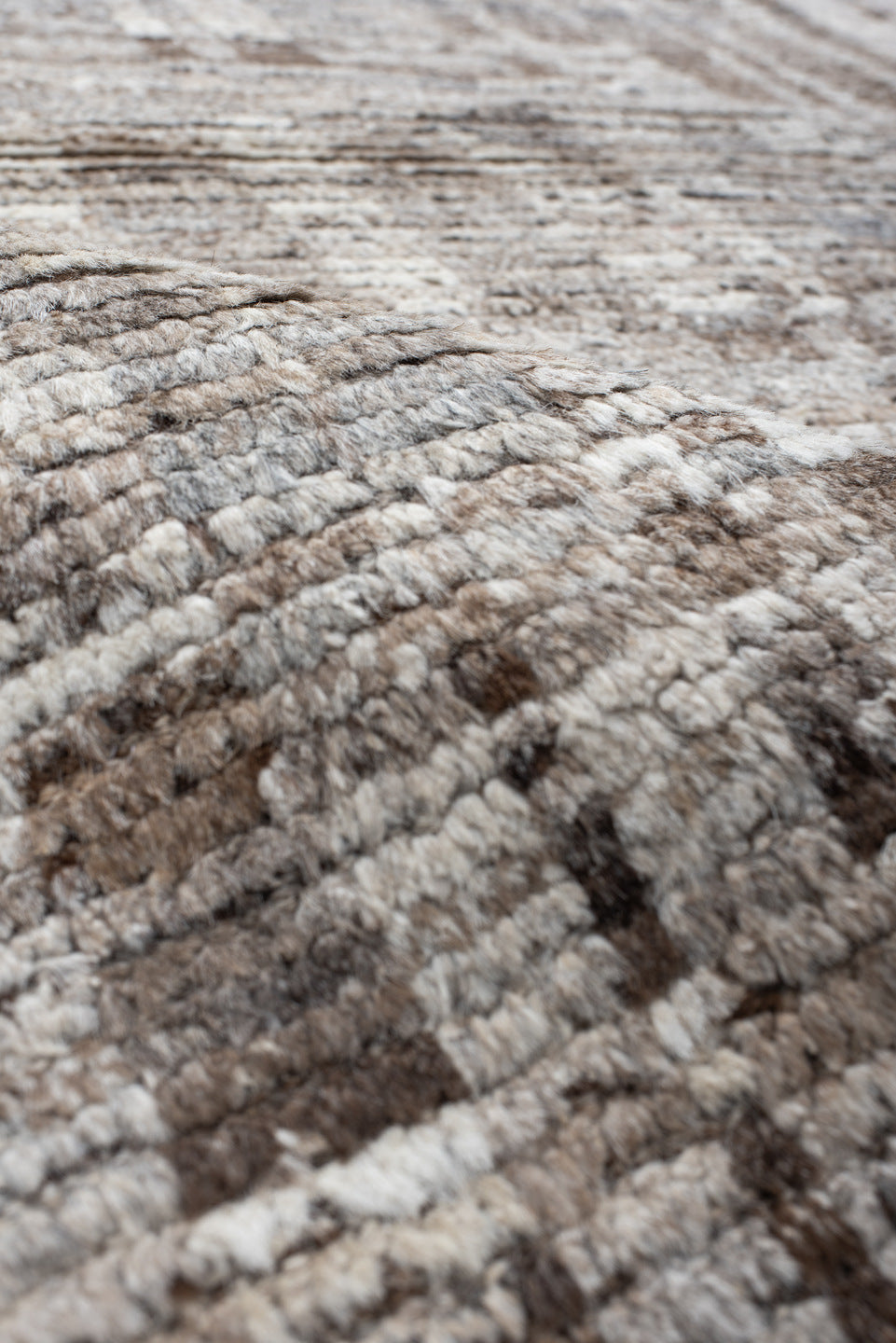 6' x 9' one-of-a-kind handmade vintage Tulu medium size rug. Color palette: ivory, taupe, beige, brown, gray, cream