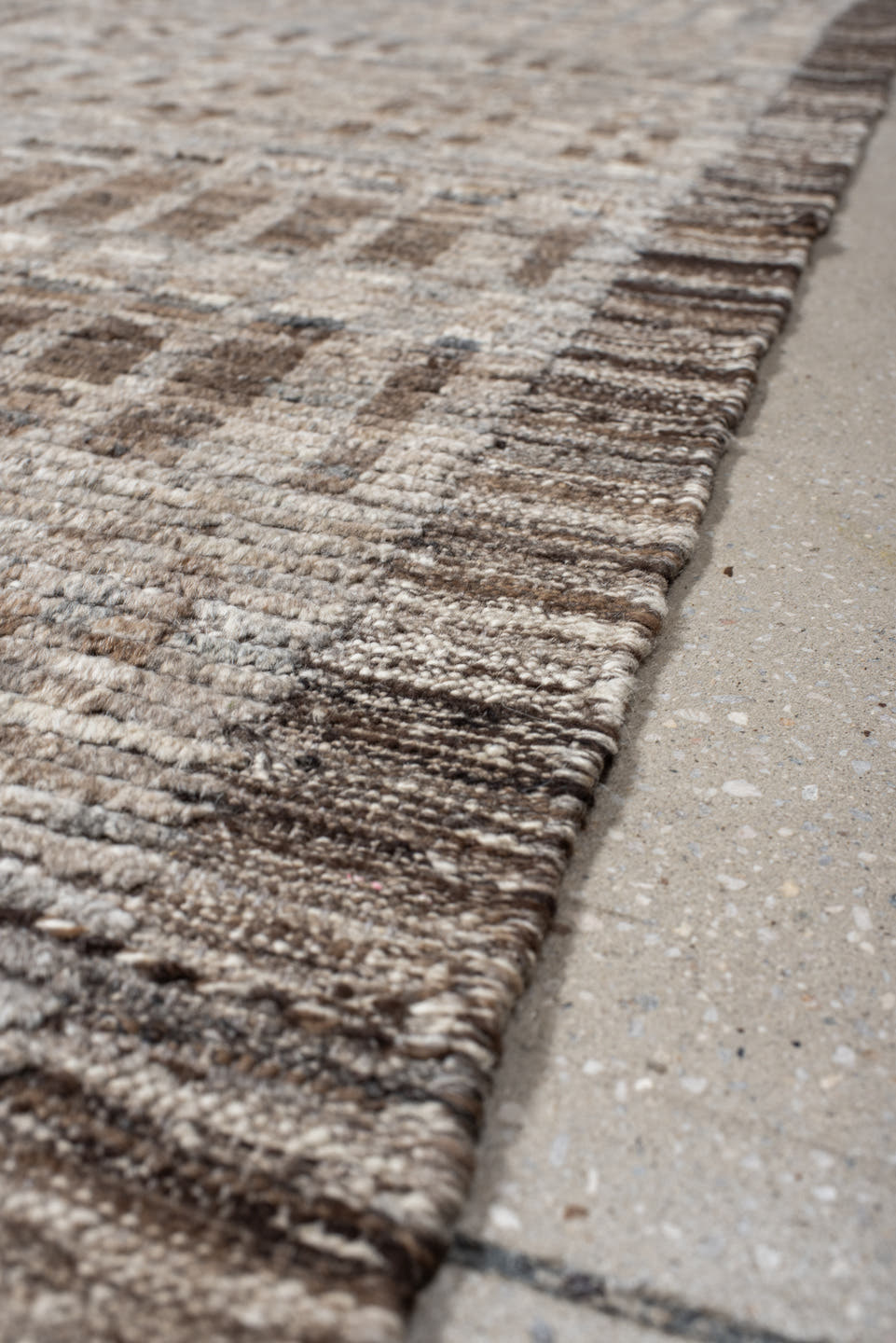 6' x 9' one-of-a-kind handmade vintage Tulu medium size rug. Color palette: ivory, taupe, beige, brown, gray, cream