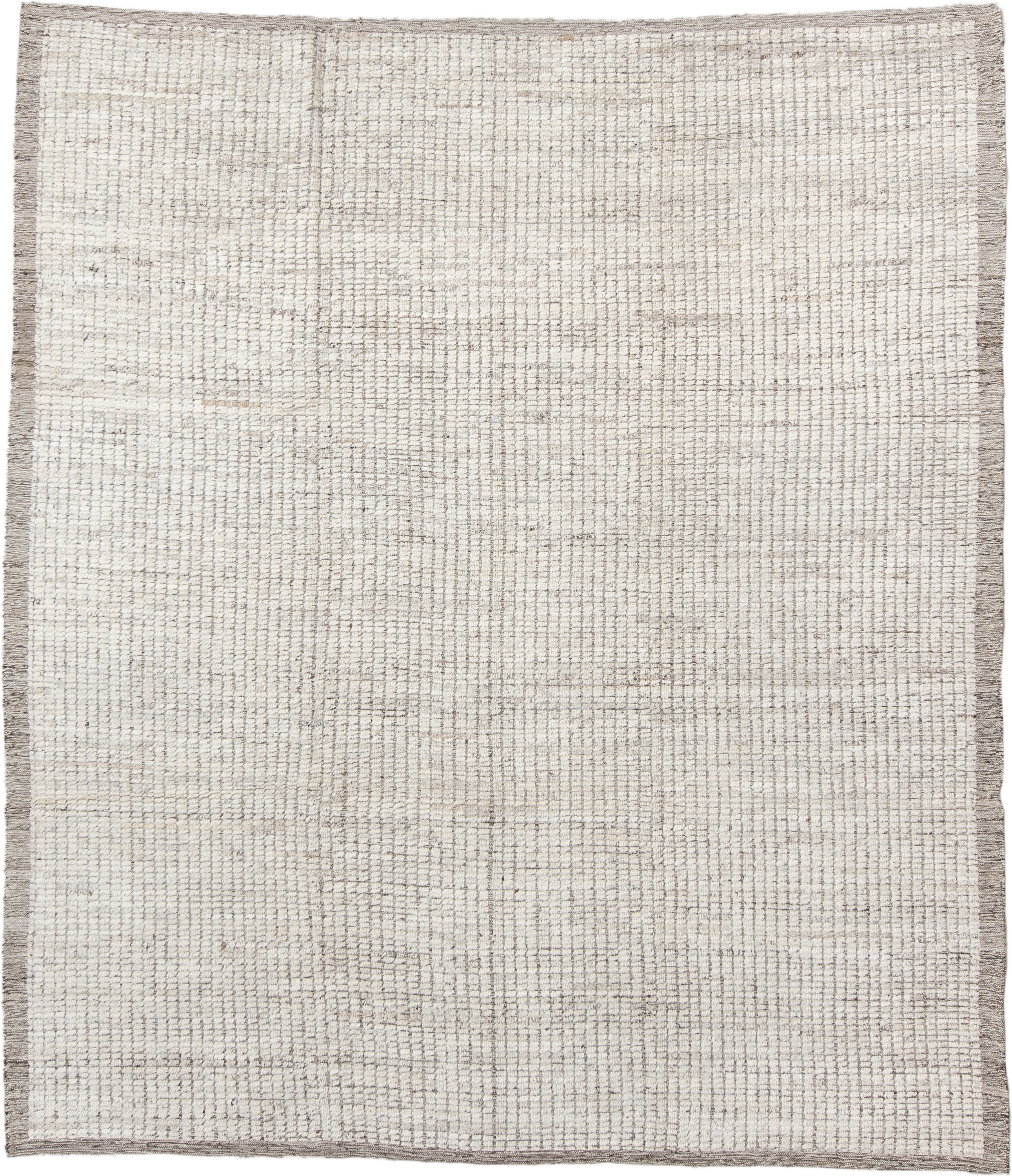8' x 9' one-of-a-kind handmade vintage Tulu rug. Color palette: ivory, taupe, gray, cream, beige