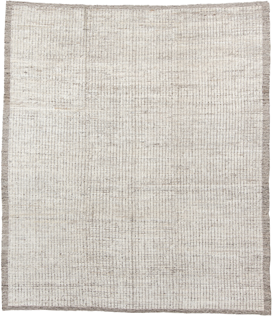 8' x 9' one-of-a-kind handmade vintage Tulu rug. Color palette: ivory, taupe, gray, cream, beige