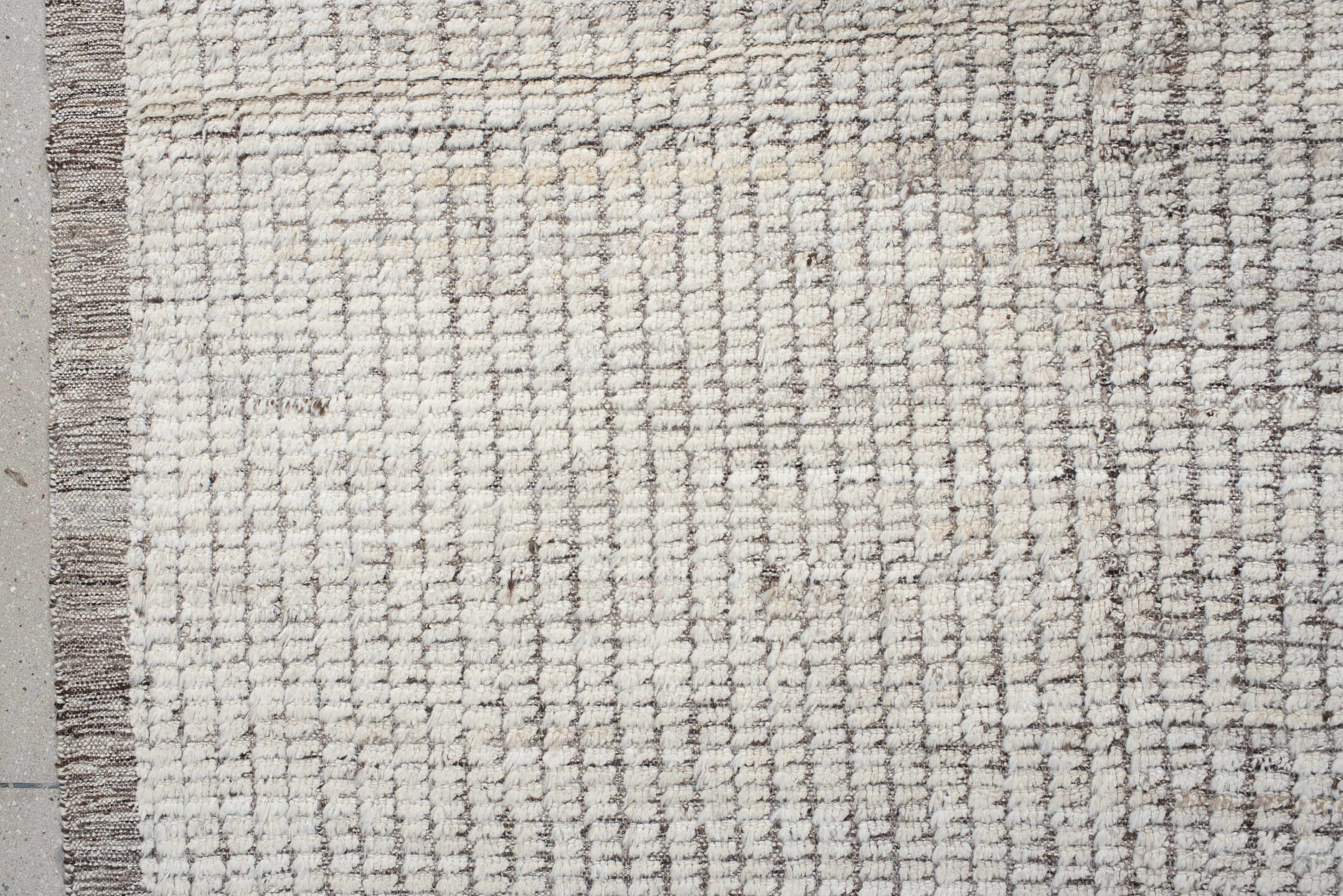 8' x 9' one-of-a-kind handmade vintage Tulu rug. Color palette: ivory, taupe, gray, cream, beige