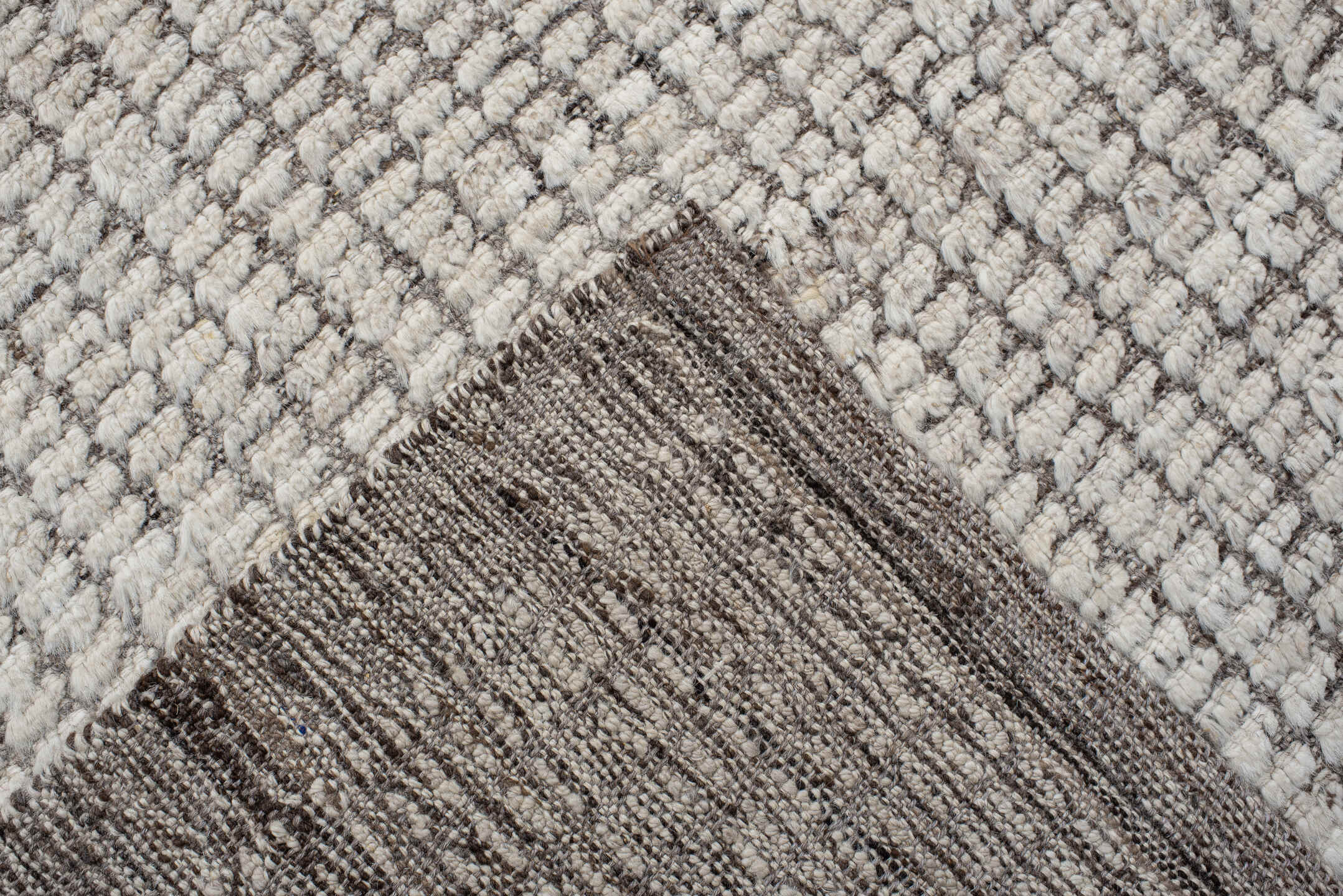 8' x 9' one-of-a-kind handmade vintage Tulu rug. Color palette: ivory, taupe, gray, cream, beige
