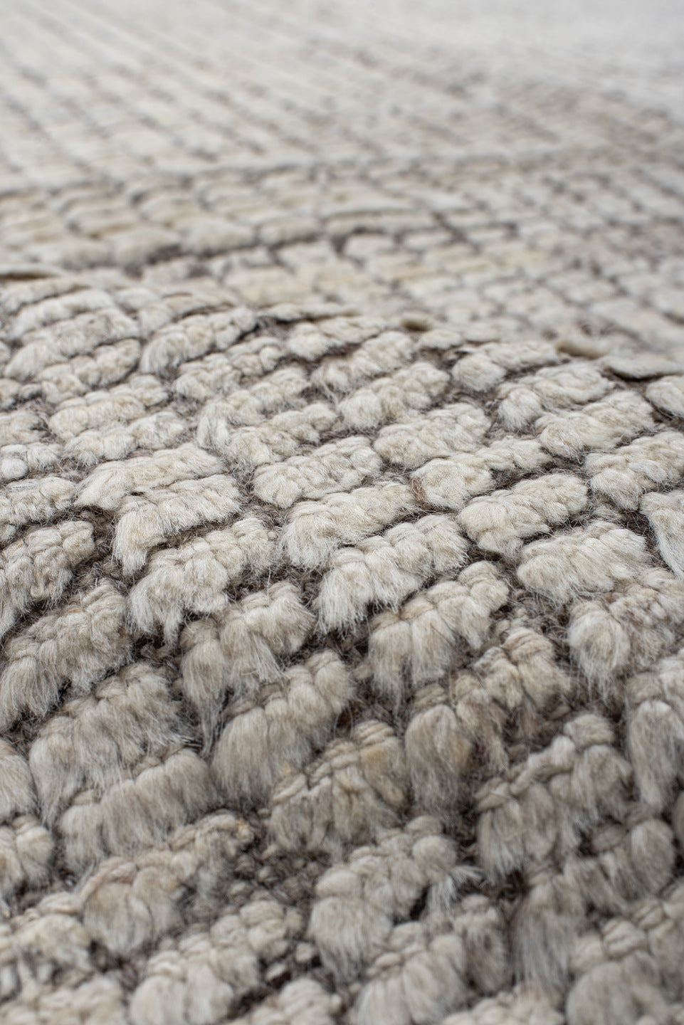 8' x 9' one-of-a-kind handmade vintage Tulu rug. Color palette: ivory, taupe, gray, cream, beige