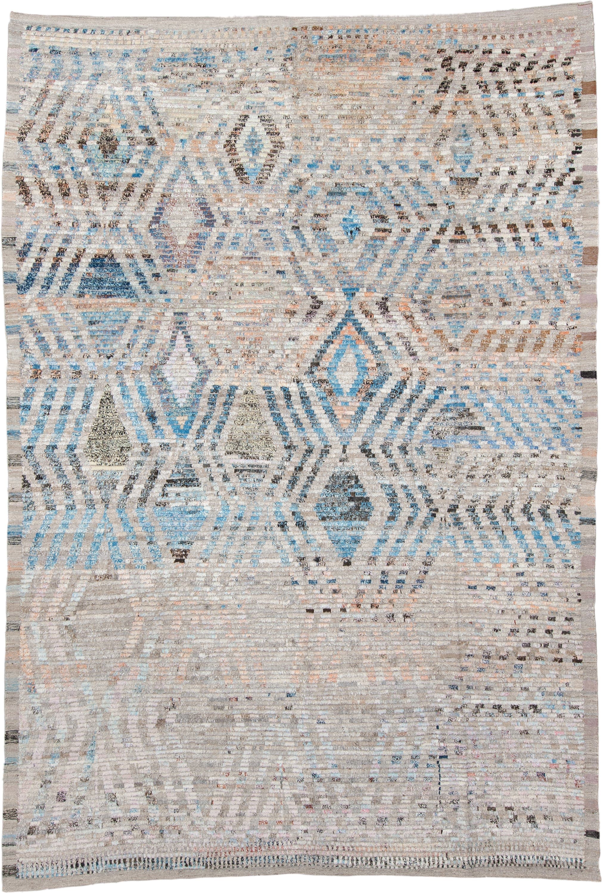 8' x 12' one-of-a-kind handmade vintage Tulu large size rug. Color palette: ivory, sky blue, taupe, charcoal, peach, gray