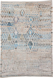 8' x 12' one-of-a-kind handmade vintage Tulu large size rug. Color palette: ivory, sky blue, taupe, charcoal, peach, gray