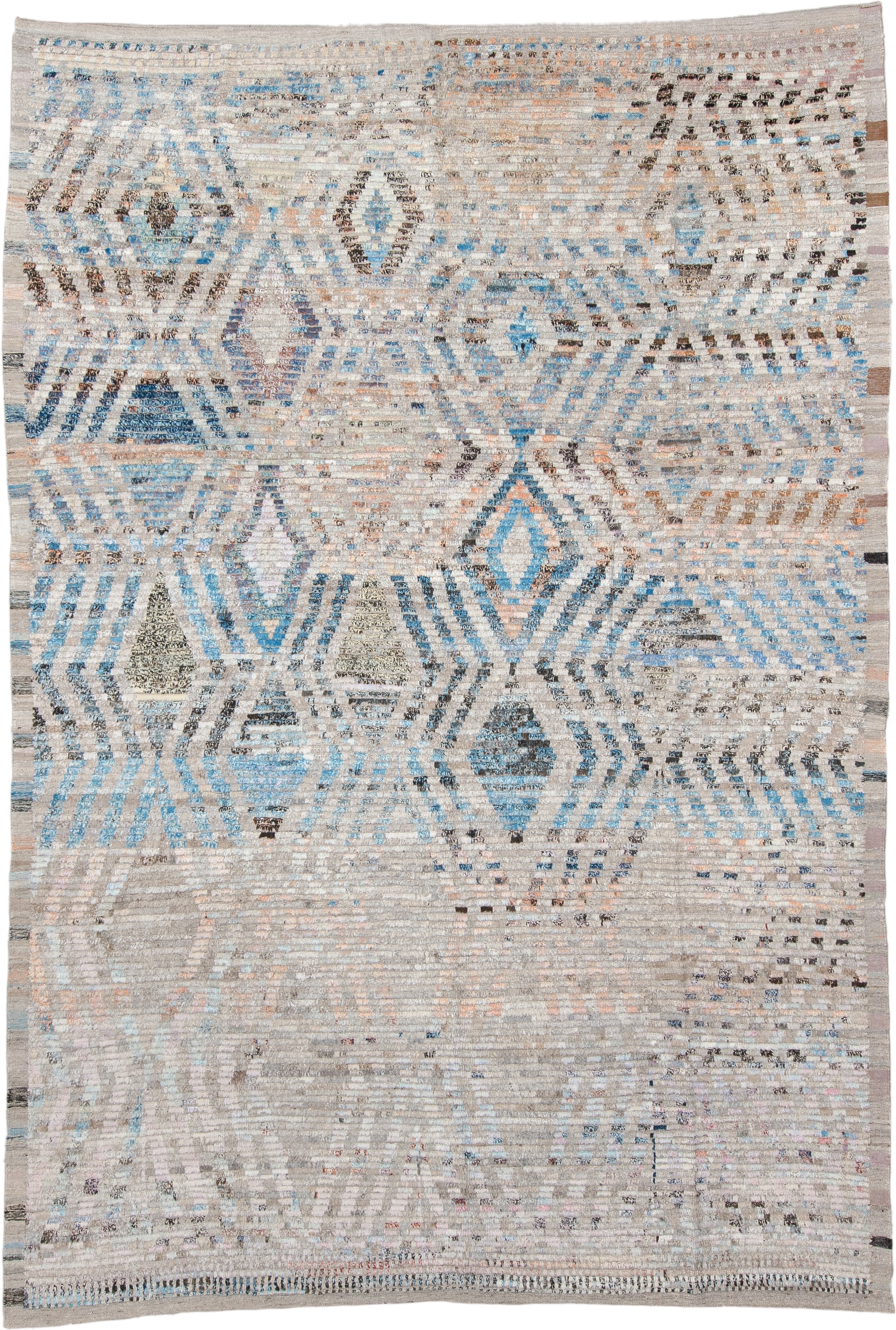 8' x 12' one-of-a-kind handmade vintage Tulu large size rug. Color palette: ivory, sky blue, taupe, charcoal, peach, gray
