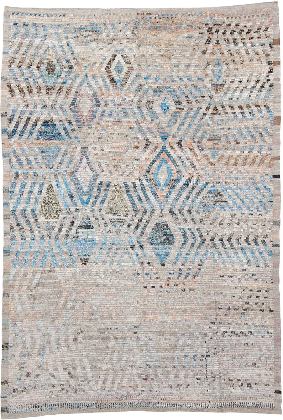 8' x 12' one-of-a-kind handmade vintage Tulu large size rug. Color palette: ivory, sky blue, taupe, charcoal, peach, gray