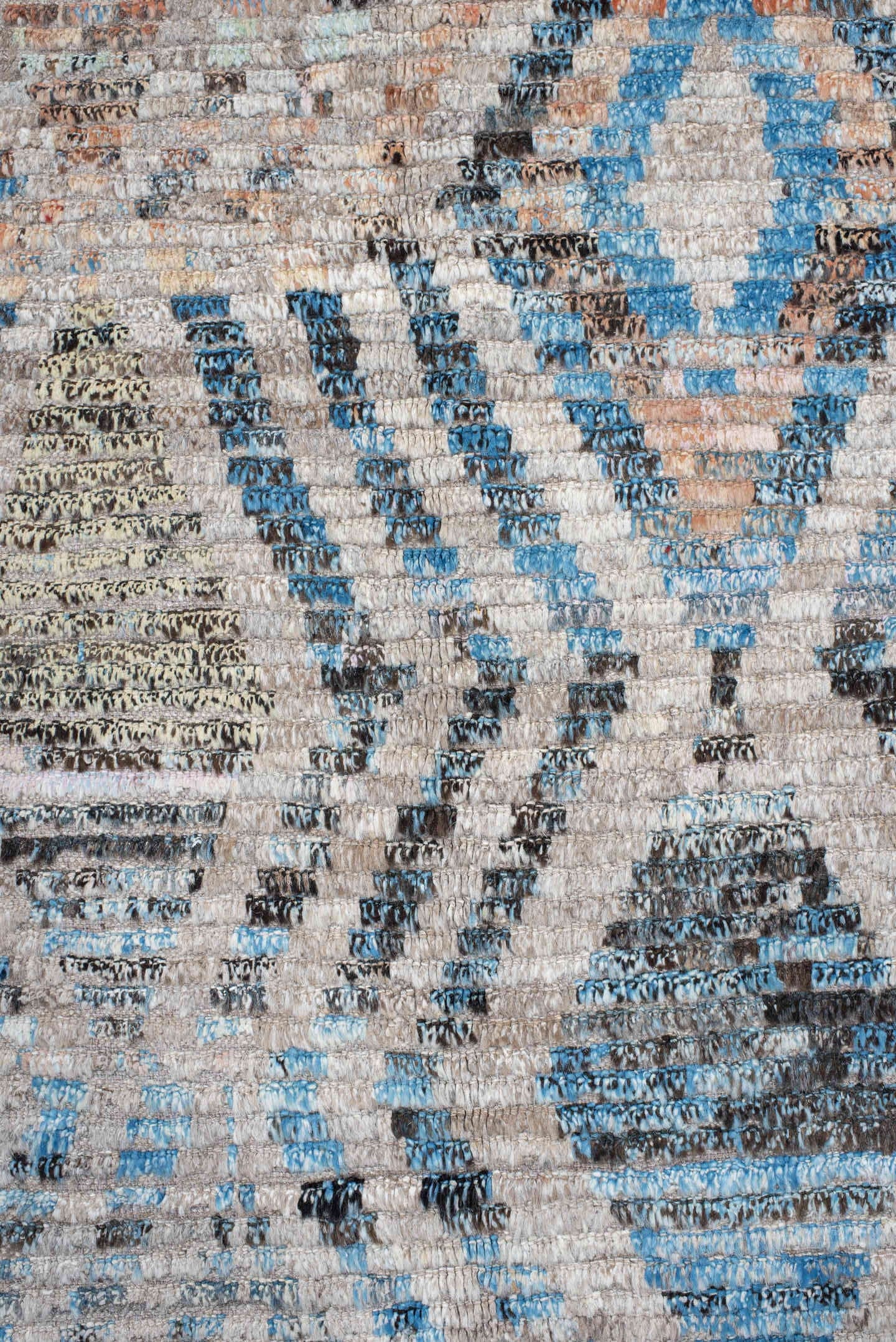 8' x 12' one-of-a-kind handmade vintage Tulu large size rug. Color palette: ivory, sky blue, taupe, charcoal, peach, gray