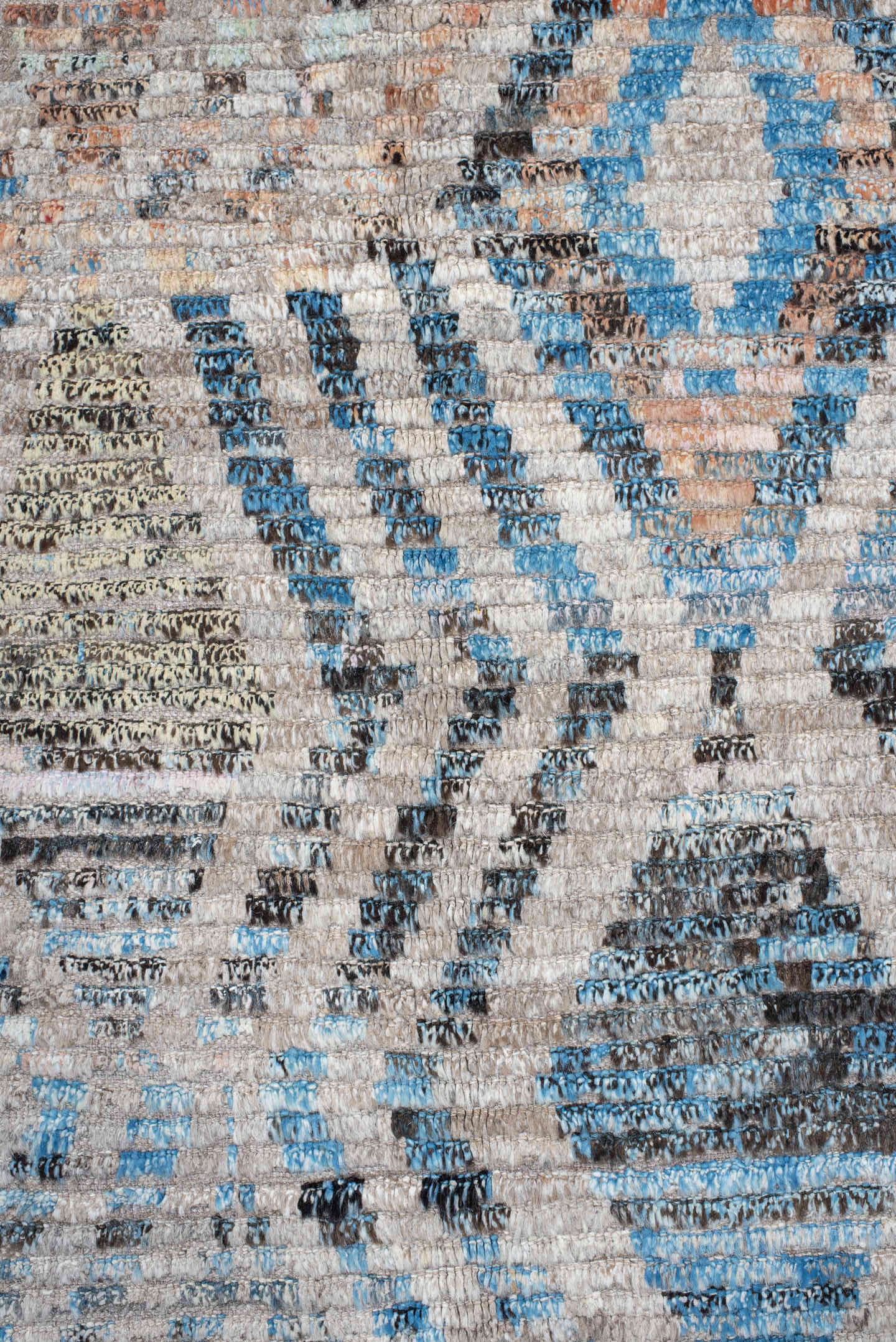 8' x 12' one-of-a-kind handmade vintage Tulu large size rug. Color palette: ivory, sky blue, taupe, charcoal, peach, gray