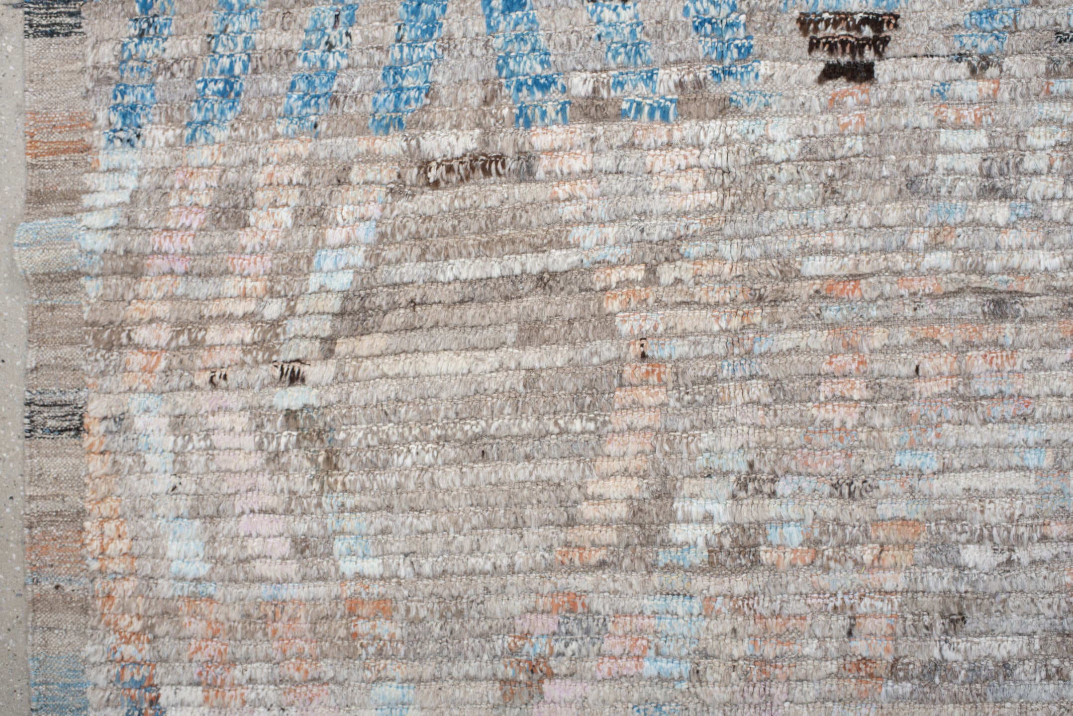 8' x 12' one-of-a-kind handmade vintage Tulu large size rug. Color palette: ivory, sky blue, taupe, charcoal, peach, gray