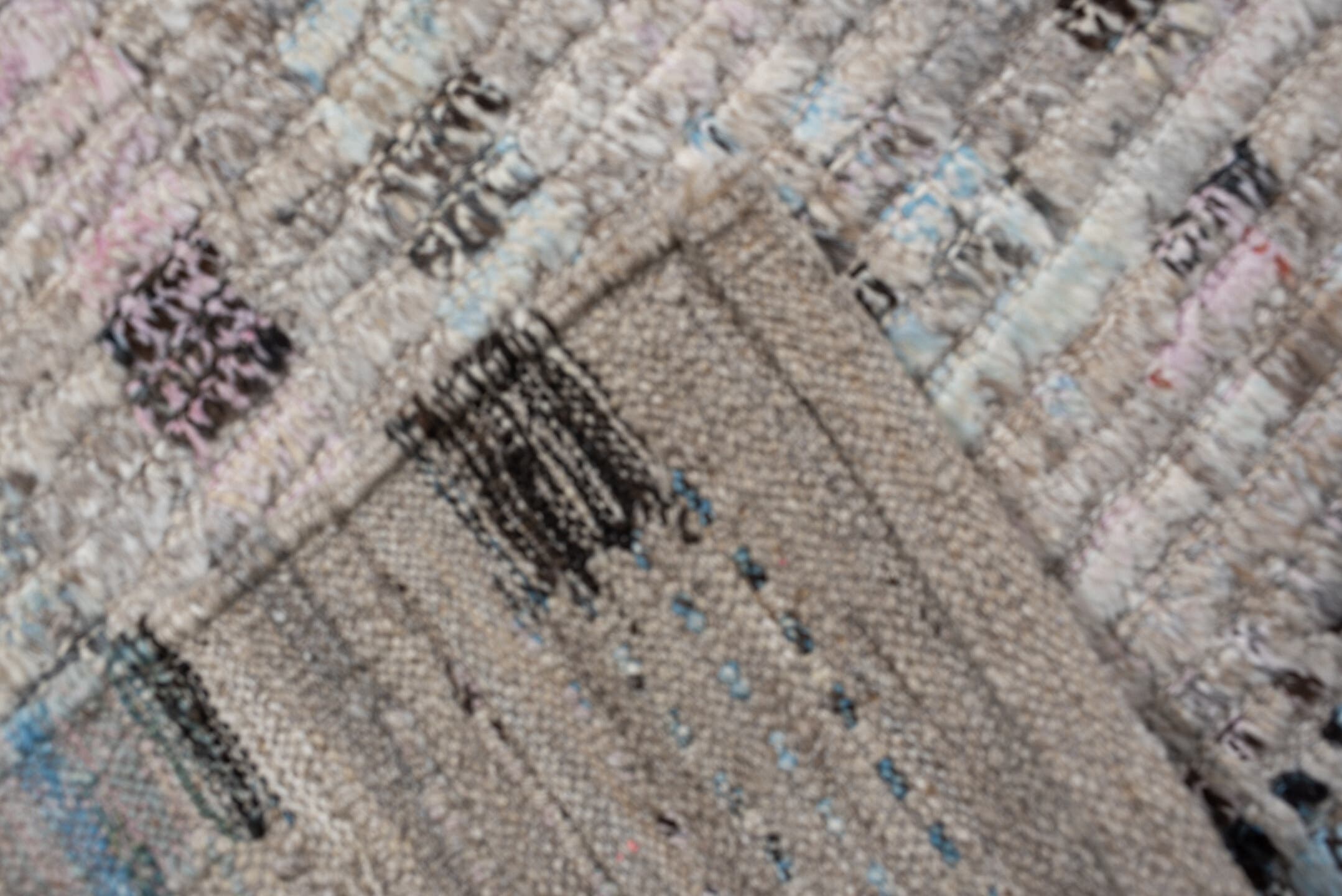 8' x 12' one-of-a-kind handmade vintage Tulu large size rug. Color palette: ivory, sky blue, taupe, charcoal, peach, gray
