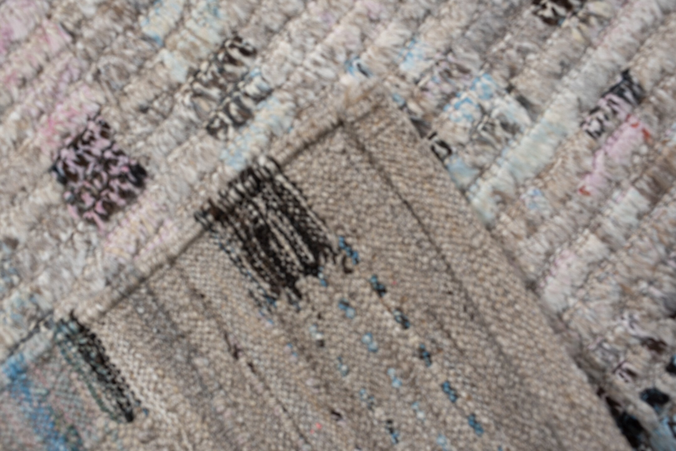 8' x 12' one-of-a-kind handmade vintage Tulu large size rug. Color palette: ivory, sky blue, taupe, charcoal, peach, gray