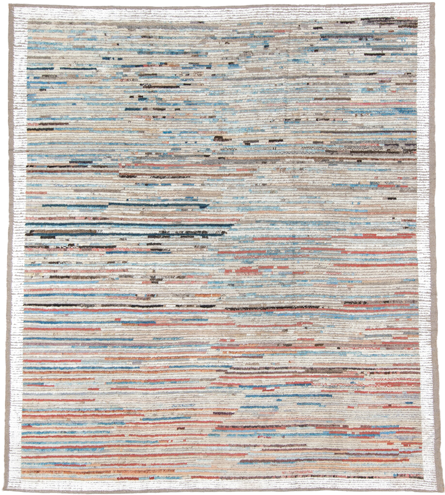 8' x 9' one-of-a-kind handmade vintage Tulu rug. Color palette: ivory, taupe, sky_blue, coral, charcoal, rust, camel, beige