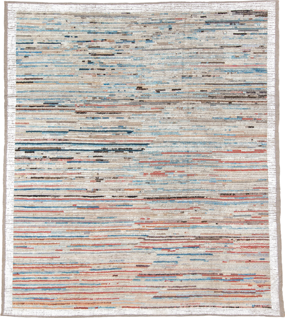 8' x 9' one-of-a-kind handmade vintage Tulu rug. Color palette: arapawa, black, blue, brown, charcoal, gainsboro, gray