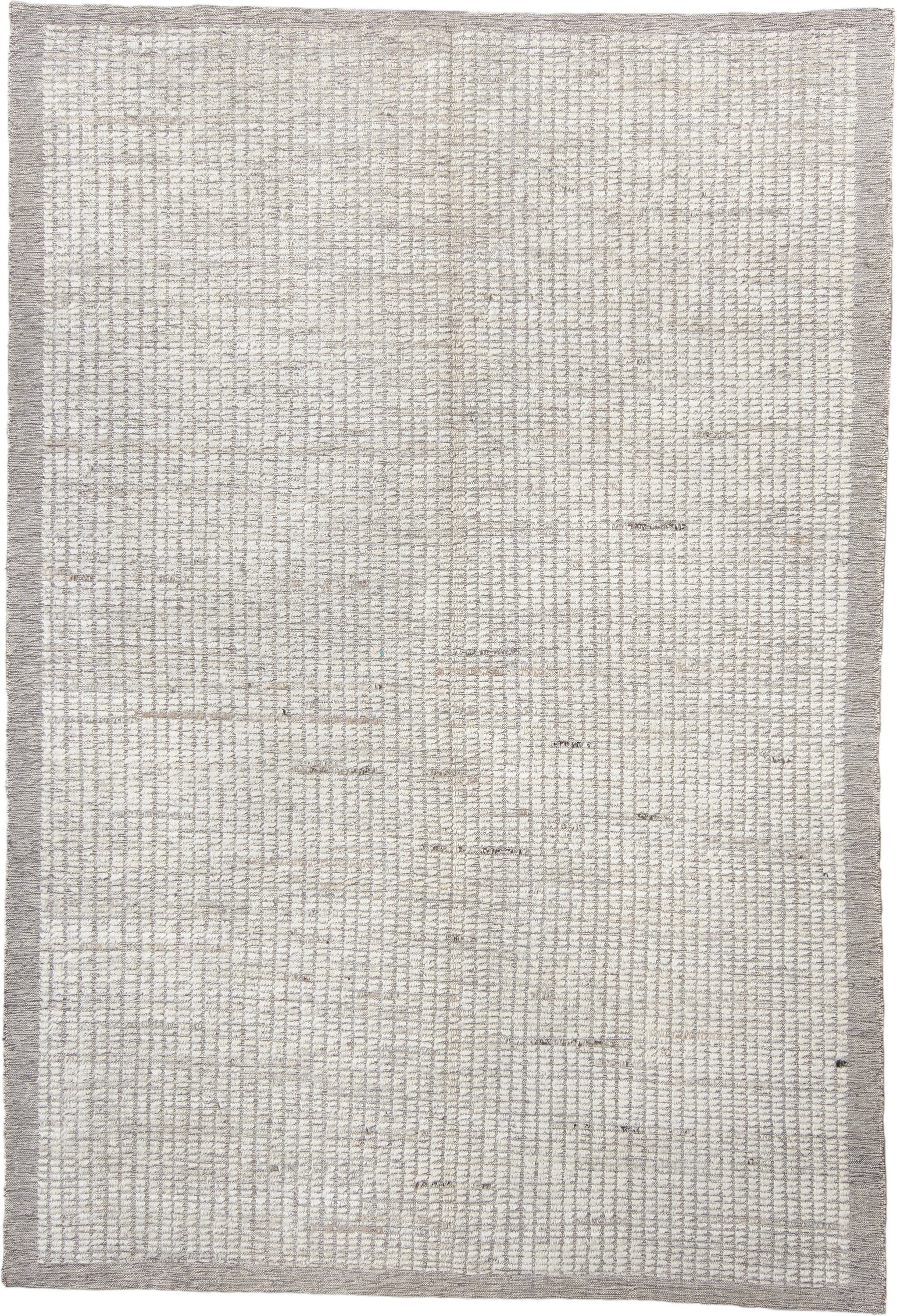 6' x 9' one-of-a-kind handmade vintage Tulu medium size rug. Color palette: ivory, gray, taupe, beige