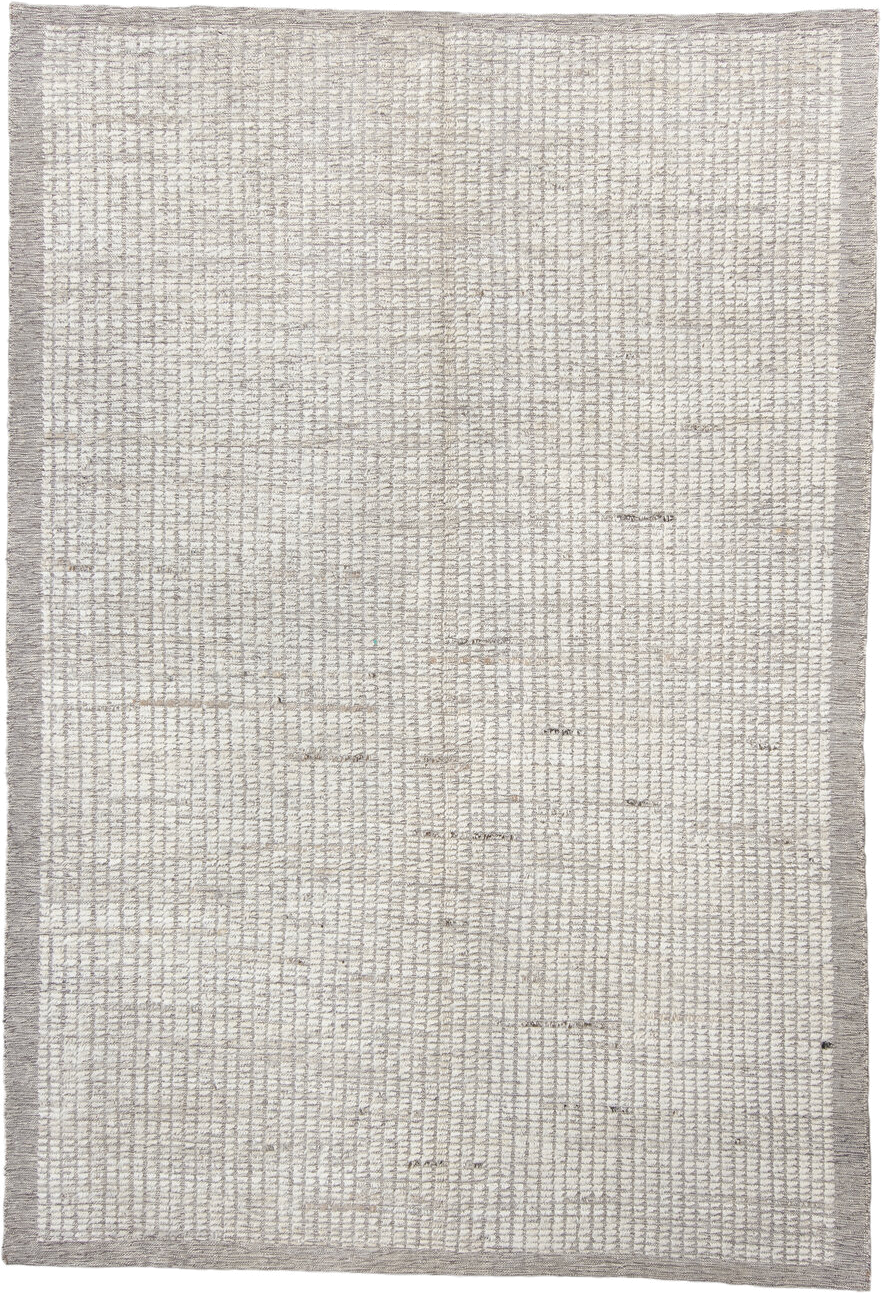 6' x 9' one-of-a-kind handmade vintage Tulu medium size rug. Color palette: ivory, gray, taupe, beige