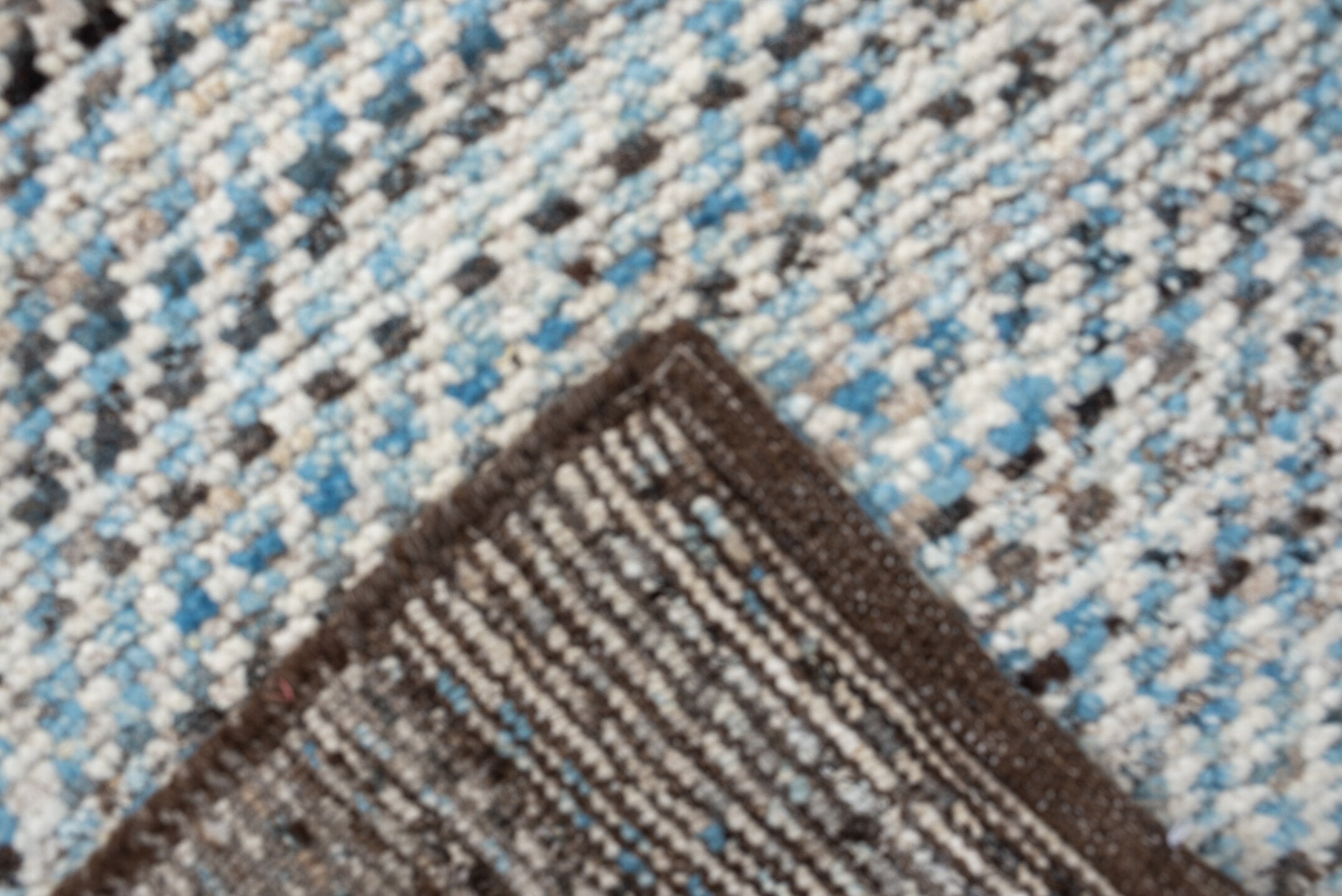 3' x 9' one-of-a-kind handmade vintage Tulu runner rug. Color palette: ivory, taupe, brown, pale_blue, charcoal, beige, gray