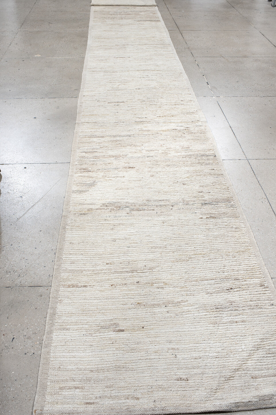 3' x 27' one-of-a-kind handmade vintage Tulu runner rug. Color palette: off-white, gray, light gray, pink, brown, white