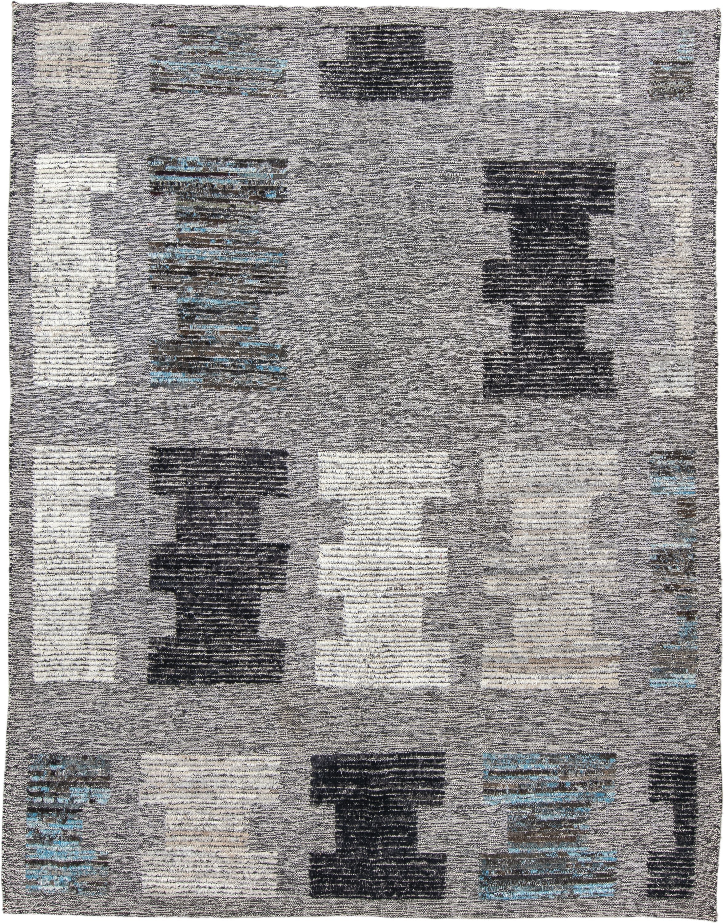 7' x 9' one-of-a-kind handmade vintage Tulu rug. Color palette: gray, charcoal, ivory, turquoise, taupe, black, teal, beige