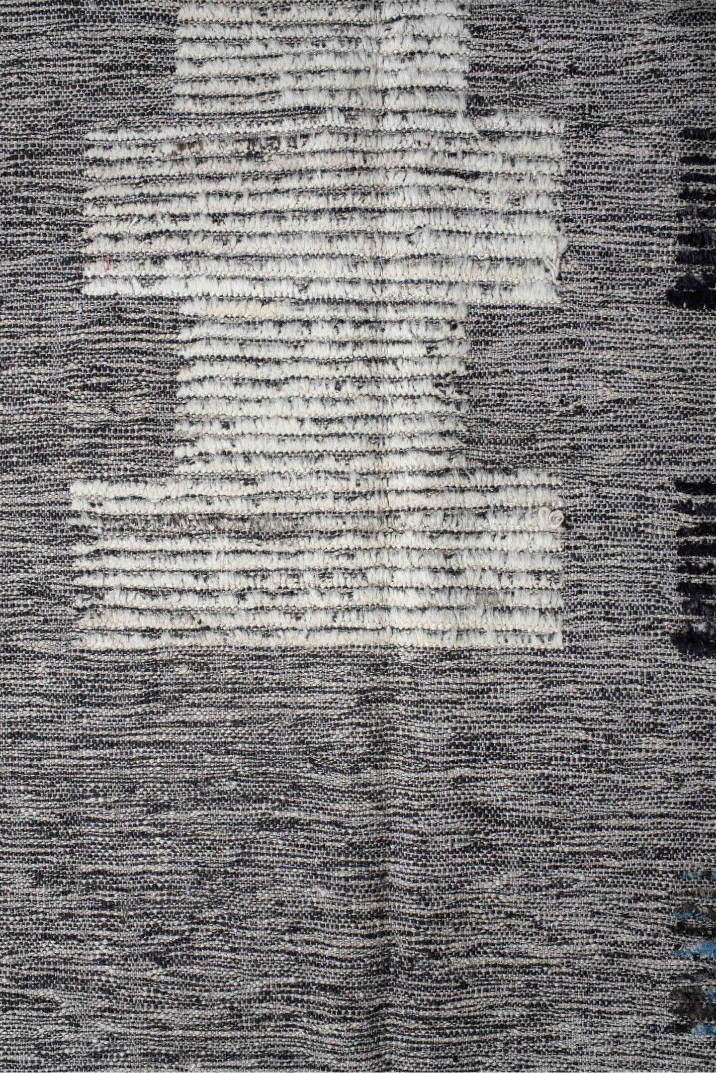 7' x 9' one-of-a-kind handmade vintage Tulu rug. Color palette: black, blue, charcoal, dark gray, dim gray, gainsboro, gray