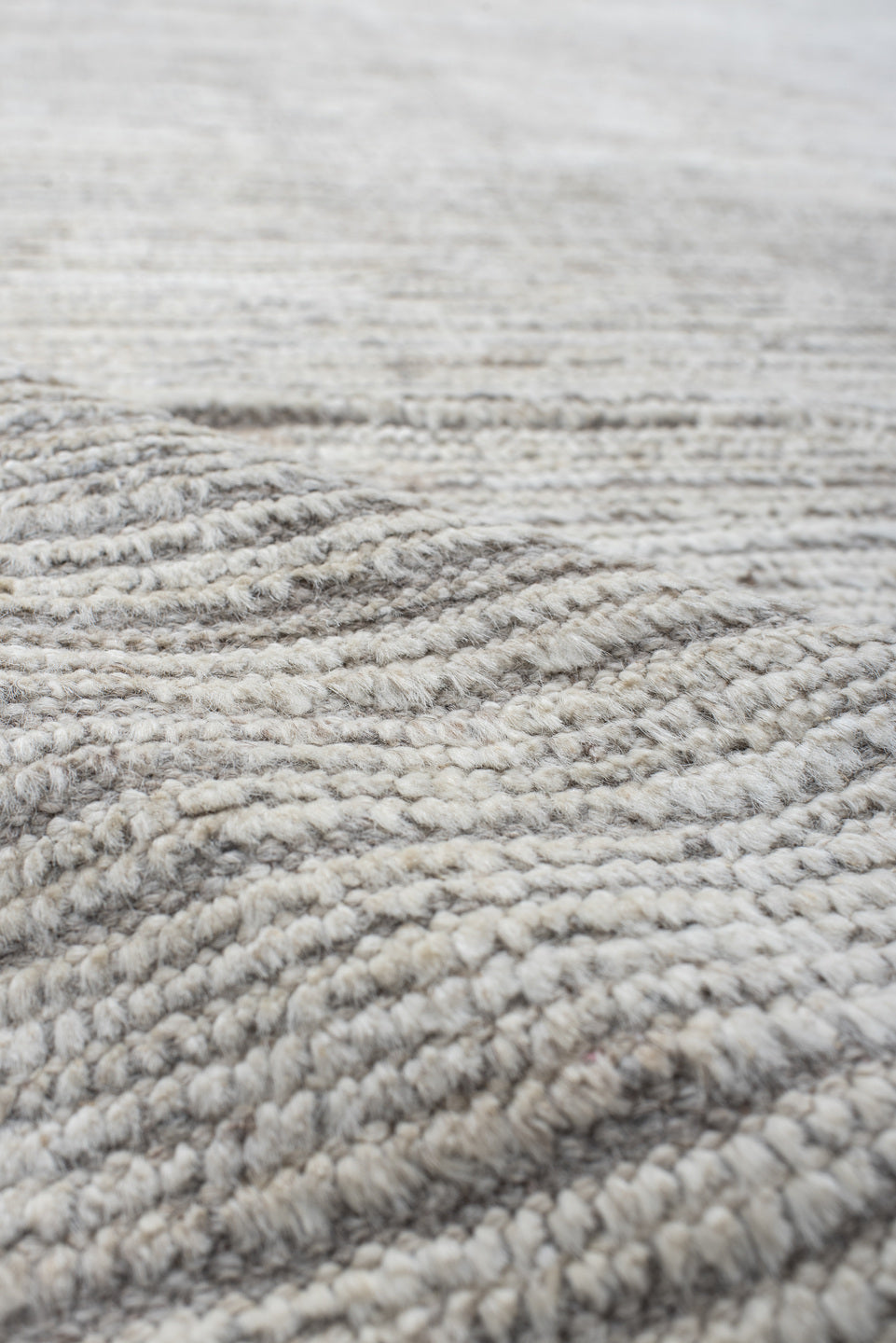 8' x 9' one-of-a-kind handmade vintage Tulu rug. Color palette: ivory, gray, cream, taupe, beige