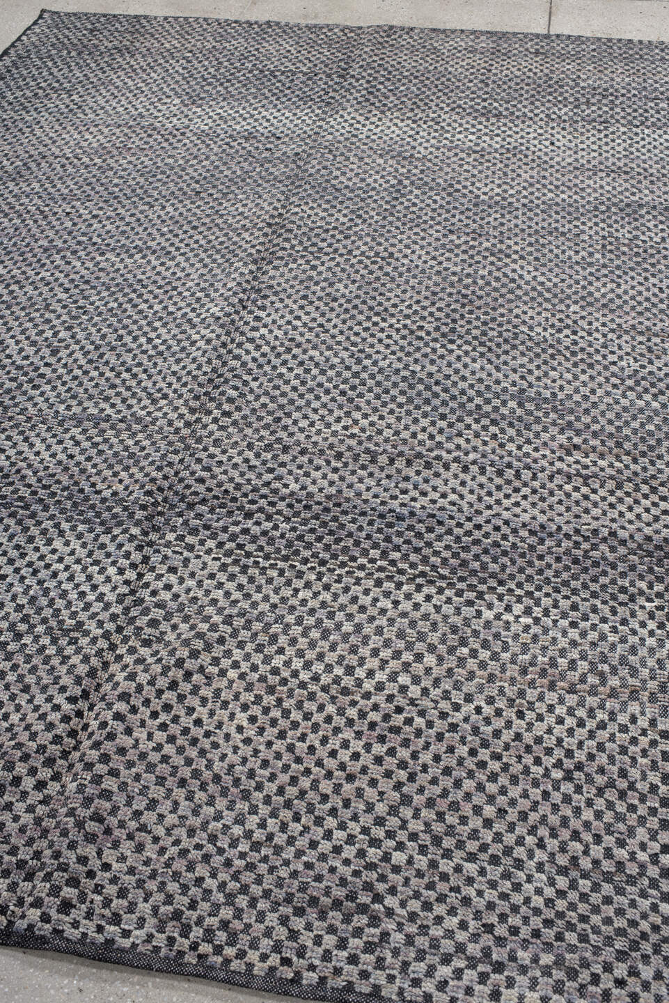 6' x 8' one-of-a-kind handmade vintage Tulu medium size rug. Color palette: gray, off-white, light gray, pink, black, blue