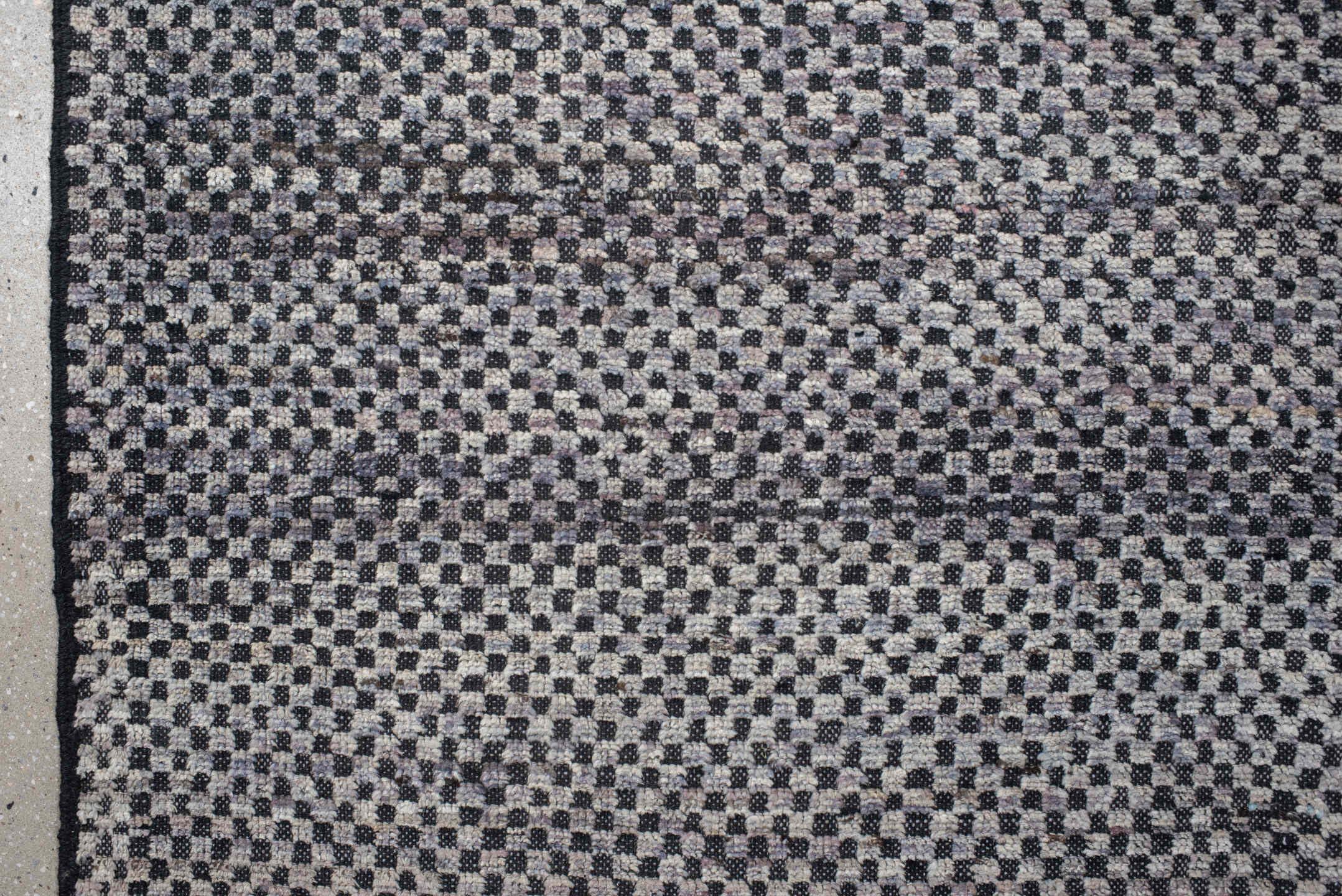 6' x 8' one-of-a-kind handmade vintage Tulu medium size rug. Color palette: gray, off-white, light gray, pink, black, blue