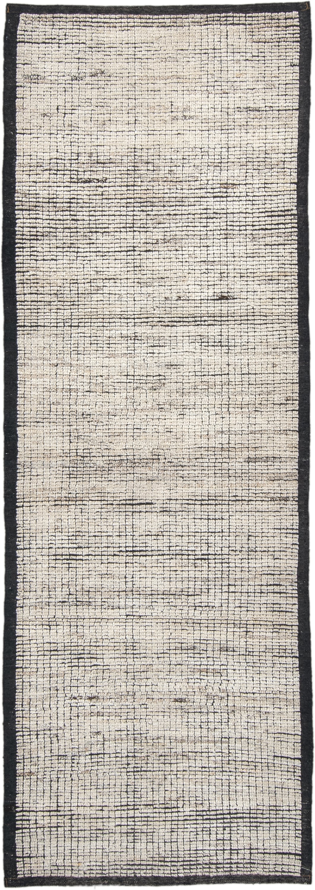 3' x 8' one-of-a-kind handmade vintage Tulu runner rug. Color palette: ivory, charcoal, black, cream, gray