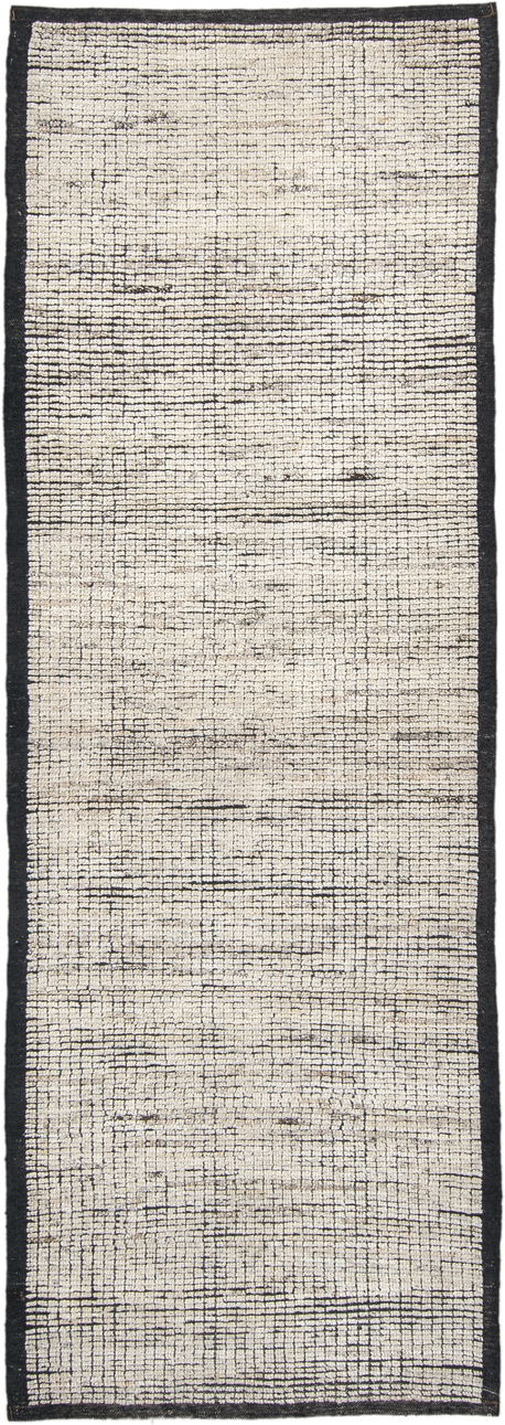 3' x 8' one-of-a-kind handmade vintage Tulu runner rug. Color palette: ivory, charcoal, black, cream, gray