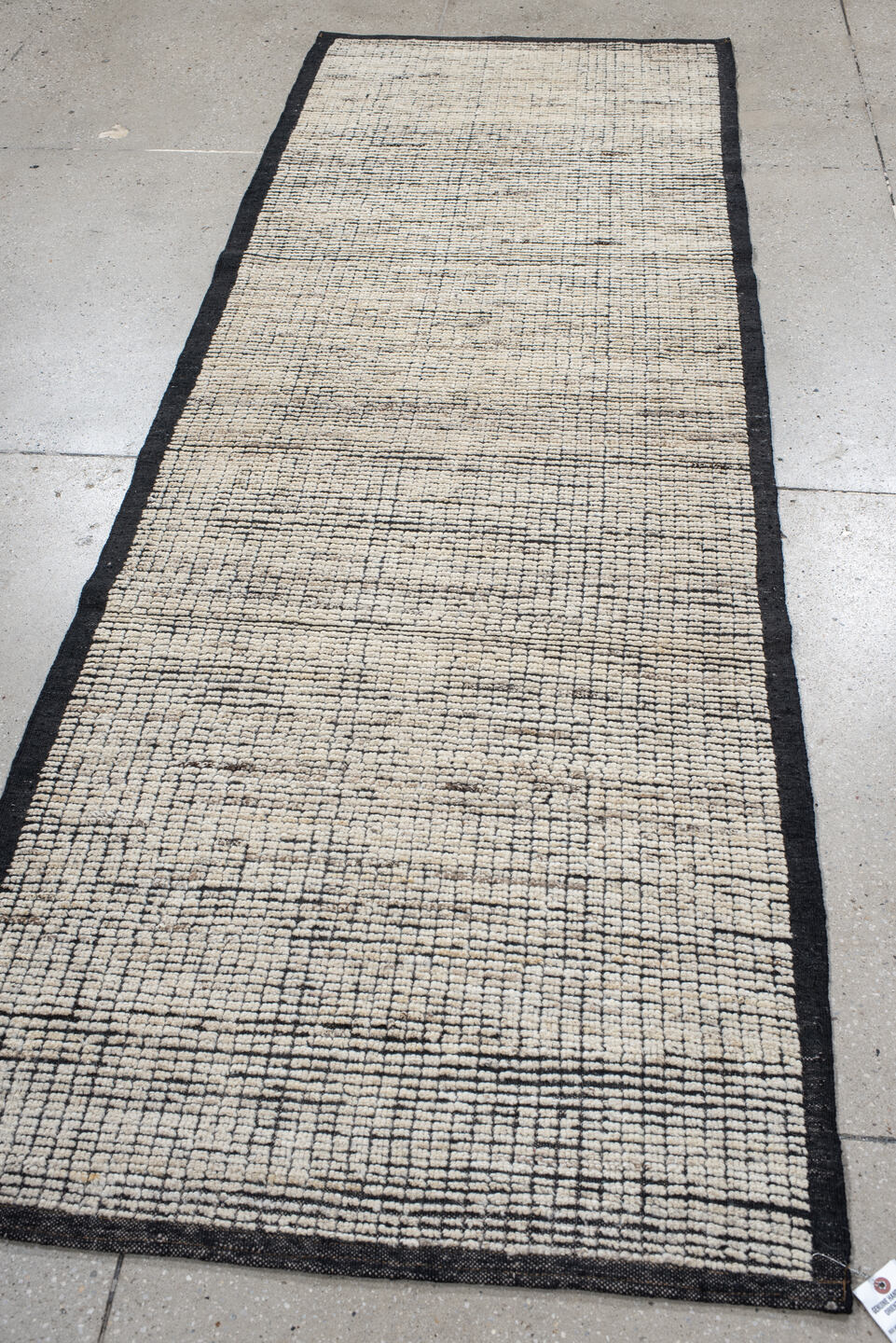 3' x 8' one-of-a-kind handmade vintage Tulu runner rug. Color palette: ivory, charcoal, black, cream, gray