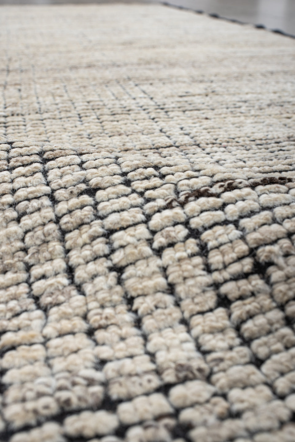 3' x 8' one-of-a-kind handmade vintage Tulu runner rug. Color palette: ivory, charcoal, black, cream, gray