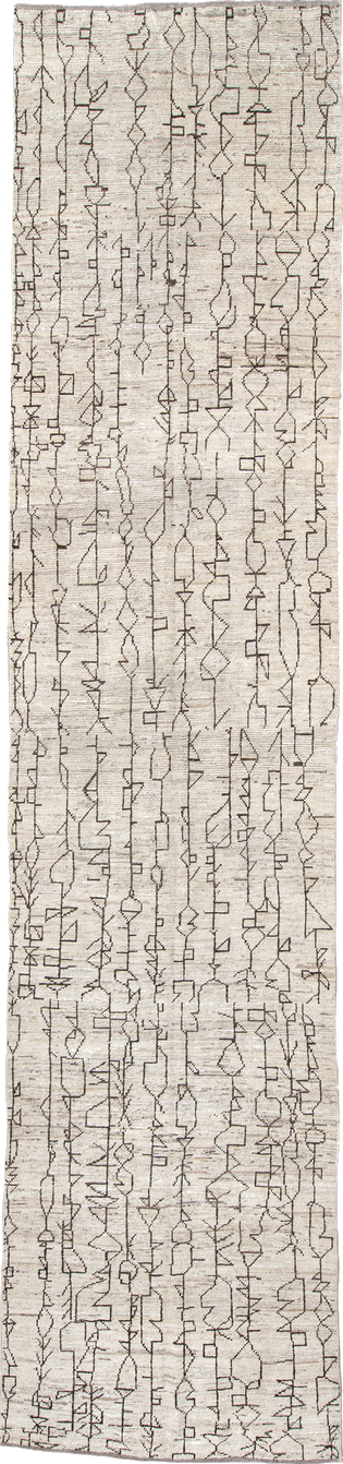 4' x 18' one-of-a-kind handmade vintage Tulu runner rug. Color palette: antiquewhite, beige, black, floral white, gray