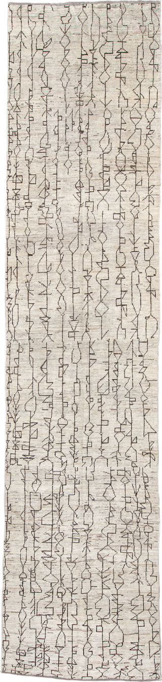 4' x 18' one-of-a-kind handmade vintage Tulu runner rug. Color palette: antiquewhite, beige, black, floral white, gray
