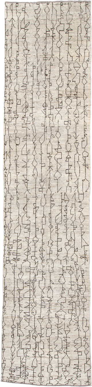 4' x 18' one-of-a-kind handmade vintage Tulu runner rug. Color palette: ivory, taupe, charcoal, cream, beige, gray, black