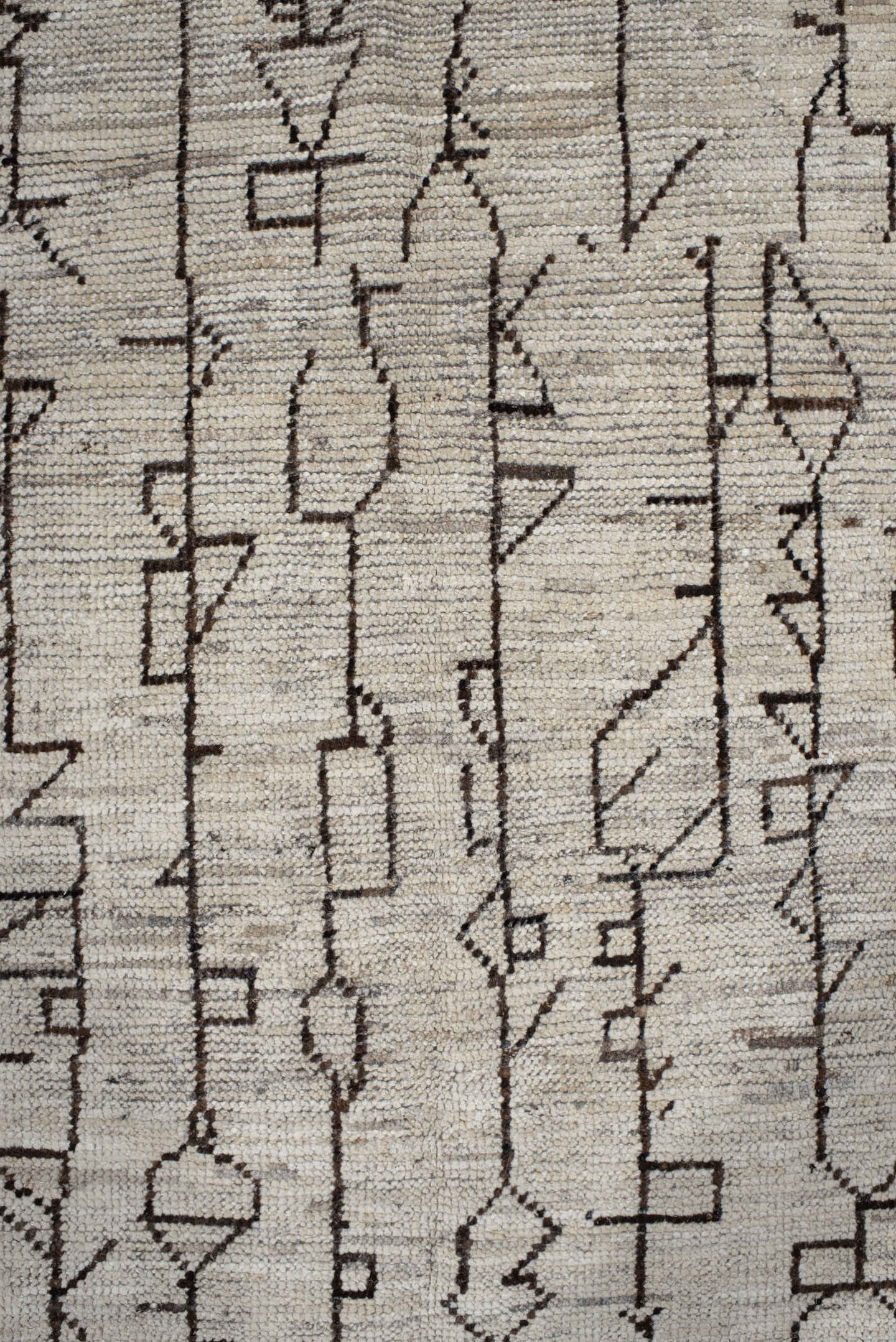 4' x 18' one-of-a-kind handmade vintage Tulu runner rug. Color palette: ivory, taupe, charcoal, cream, beige, gray, black
