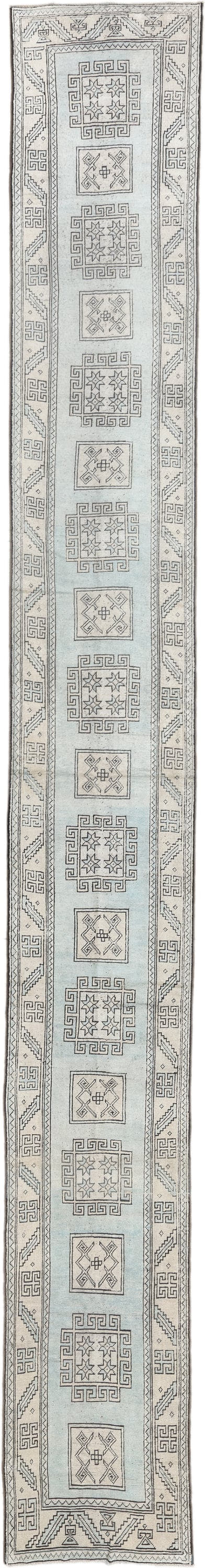 3' x 25' one-of-a-kind handmade antique Oushak runner rug. Color palette: ivory, gray, taupe, charcoal, beige, black