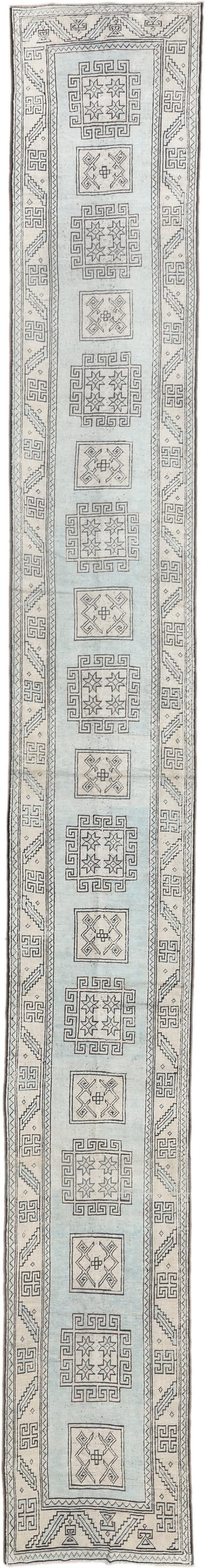 3' x 25' one-of-a-kind handmade antique Oushak runner rug. Color palette: ivory, gray, taupe, charcoal, beige, black