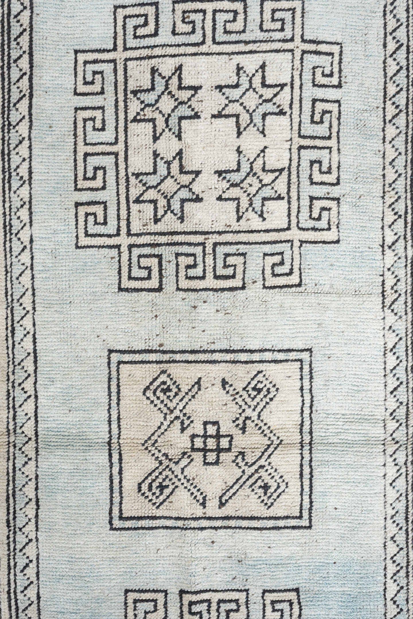 3' x 25' one-of-a-kind handmade antique Oushak runner rug. Color palette: ivory, gray, taupe, charcoal, beige, black