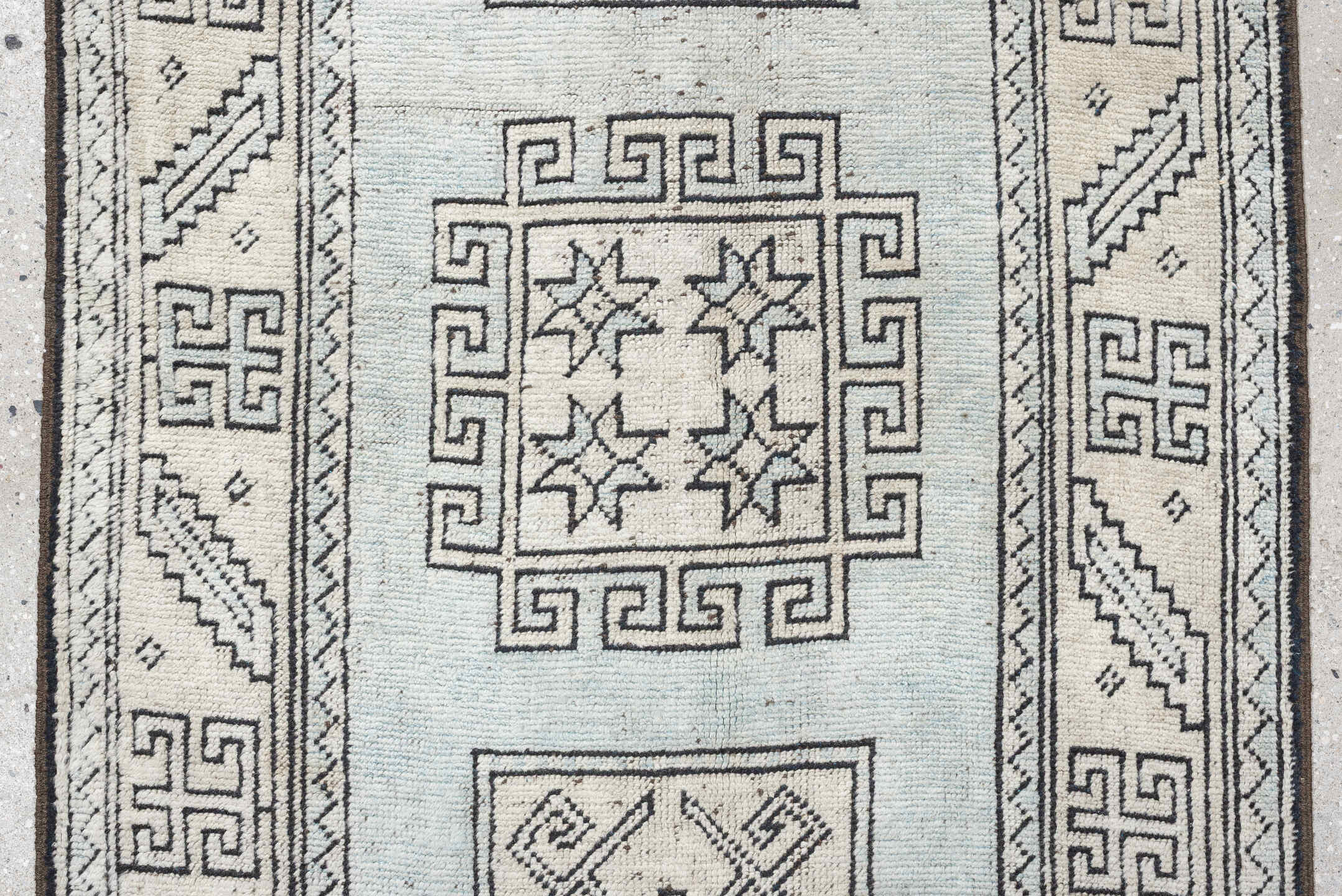 3' x 25' one-of-a-kind handmade antique Oushak runner rug. Color palette: ivory, gray, taupe, charcoal, beige, black