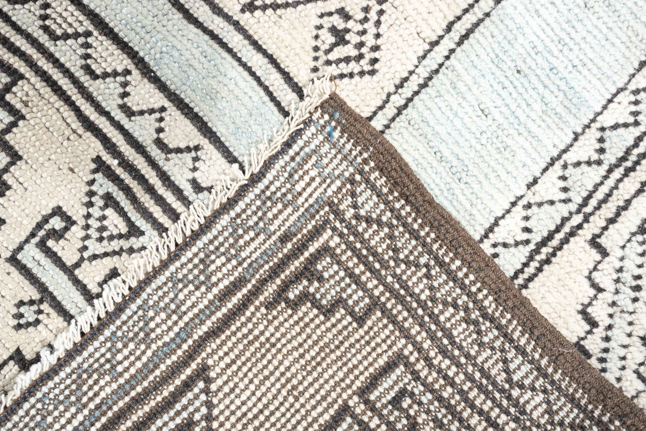 3' x 25' one-of-a-kind handmade antique Oushak runner rug. Color palette: ivory, gray, taupe, charcoal, beige, black