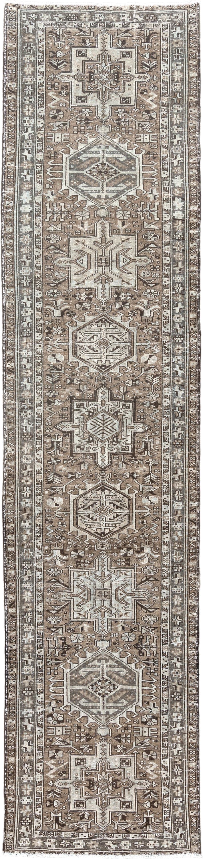2' x 12' one-of-a-kind handmade antique Karaje runner rug. Color palette: taupe, ivory, brown, gray, charcoal, beige, black
