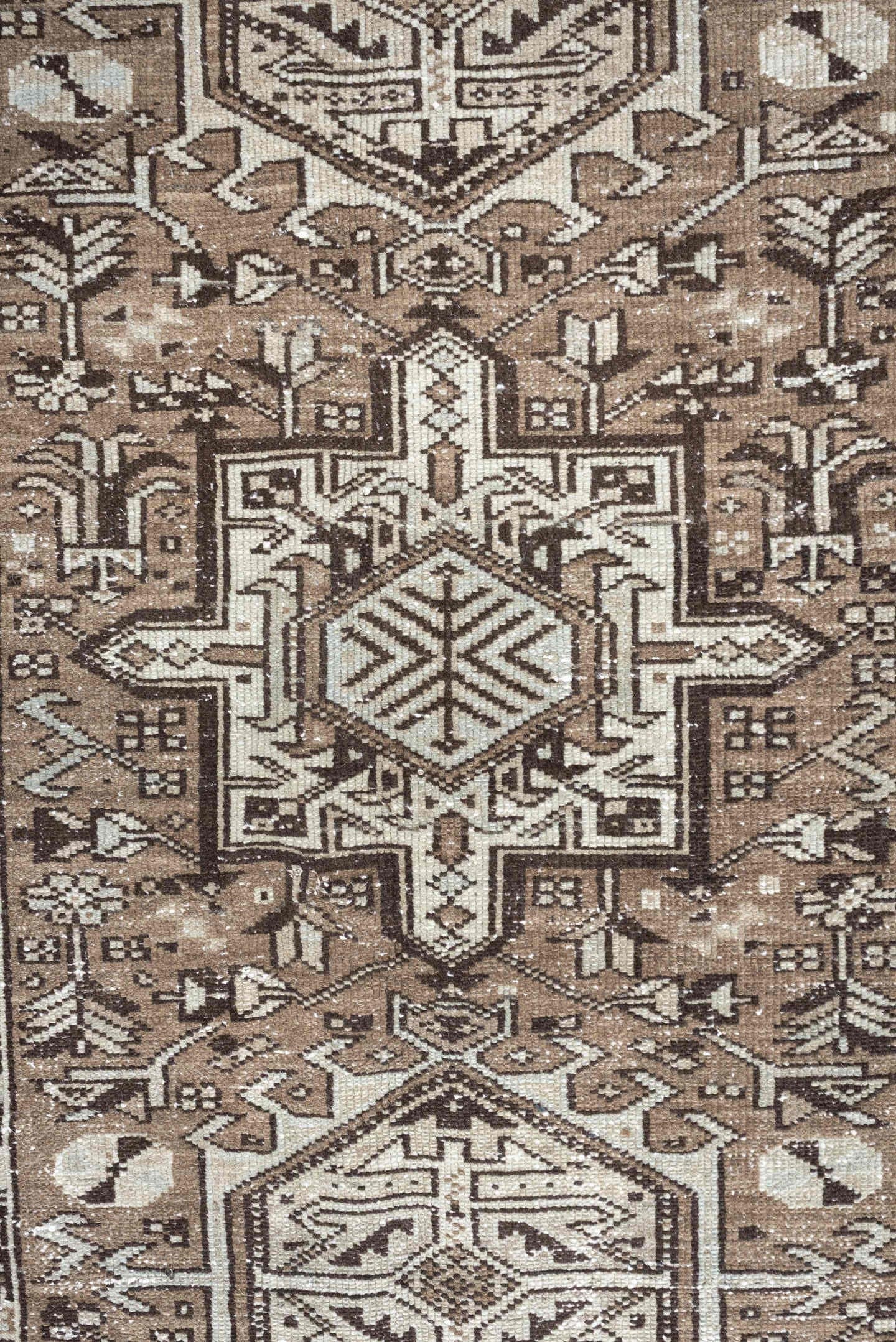2' x 12' one-of-a-kind handmade antique Karaje runner rug. Color palette: taupe, ivory, brown, gray, charcoal, beige, black